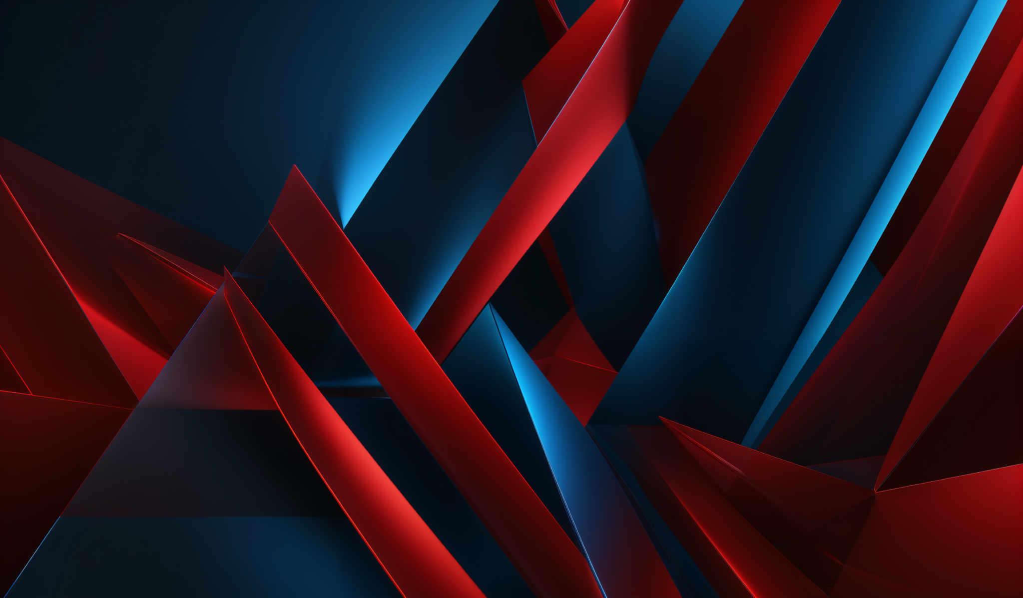 The image showcases a dynamic and abstract design with sharp, angular shapes. The dominant colors are deep red and dark blue. The red forms sharp, slanted edges that intersect with the blue, creating a visually striking contrast. The design appears to be composed of overlapping and intertwining geometric patterns, giving it a modern and dynamic feel.