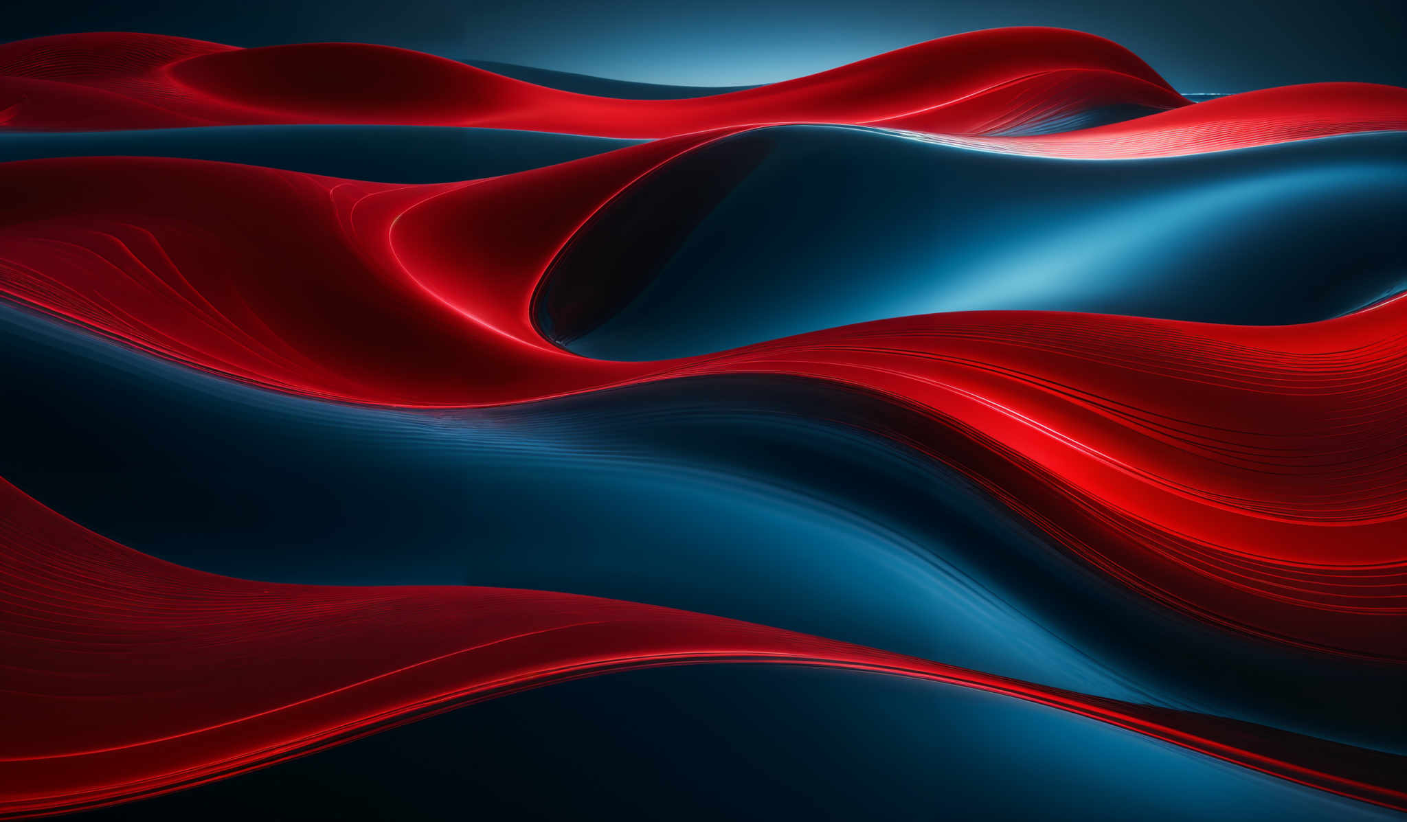 The image showcases a vibrant and dynamic abstract design. It predominantly features flowing, wavy lines in a mix of deep red and vibrantly blue hues. The red lines appear to be cascading over the blue ones, creating a sense of movement and fluidity. The overall design gives an impression of undulating landscapes or waves, possibly representing a blend of passion and tranquility.