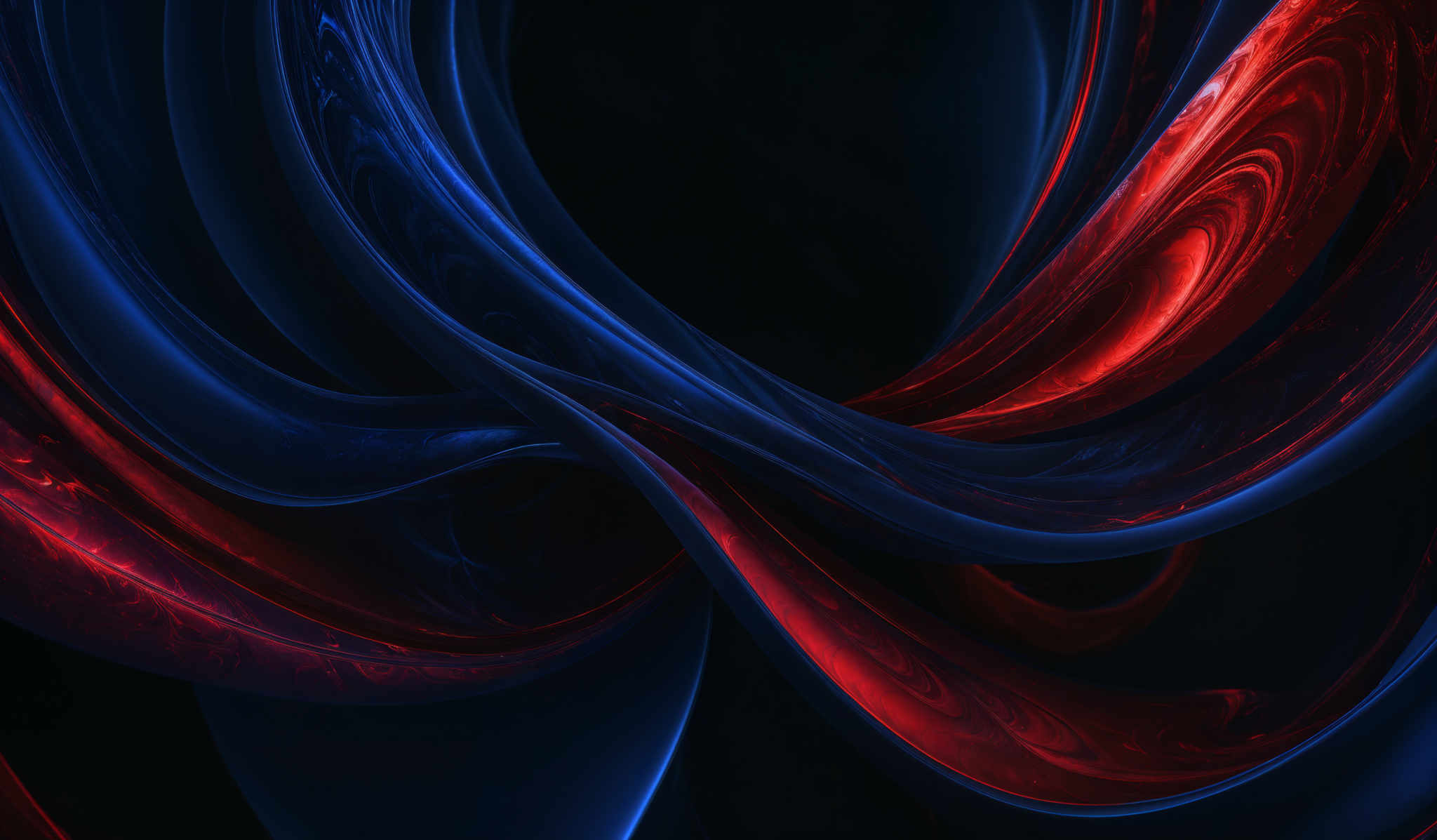 The image showcases a vibrant and dynamic interplay of colors. Dominantly, there are deep shades of blue and red that swirl and intertwine, creating a mesmerizing pattern. The shapes are fluid and wavy, reminiscent of flowing water or swirling gases. The intricate details suggest a digital or abstract artwork, with swirled patterns and reflections that give depth and dimension to the image, making it appear as though the colors are in motion.