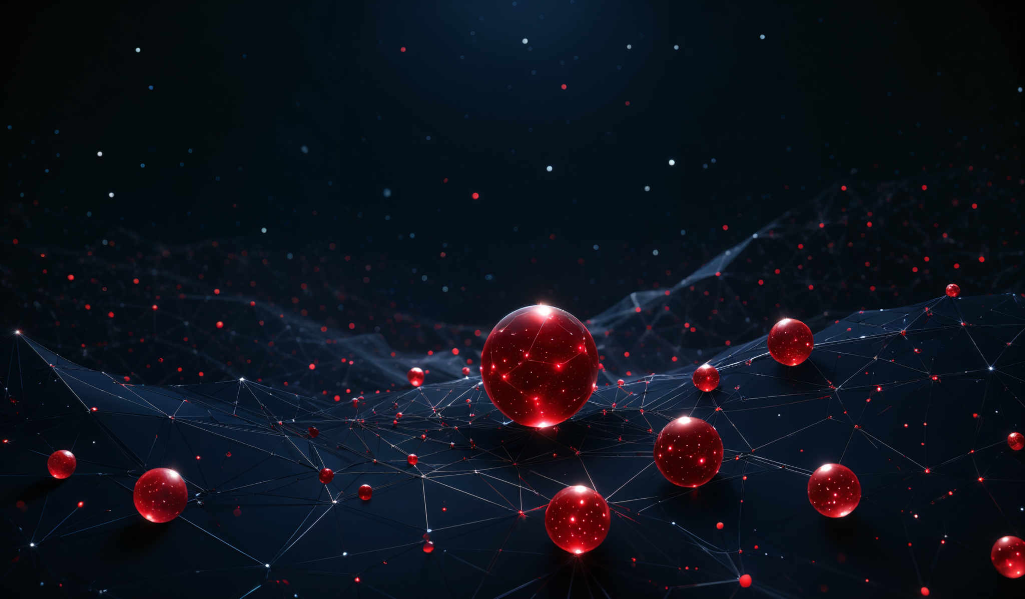 The image showcases a vibrant and intricate digital artwork. It predominantly features a deep blue background with numerous small, glowing red spheres scattered throughout. These spheres are interconnected by lines, forming a mesh-like network. The largest red sphere in the foreground appears to be more luminous and detailed, with a reflective surface that captures the surrounding light. The overall ambiance of the image is mysterious and futuristic, evoking feelings of wonder and curiosity.