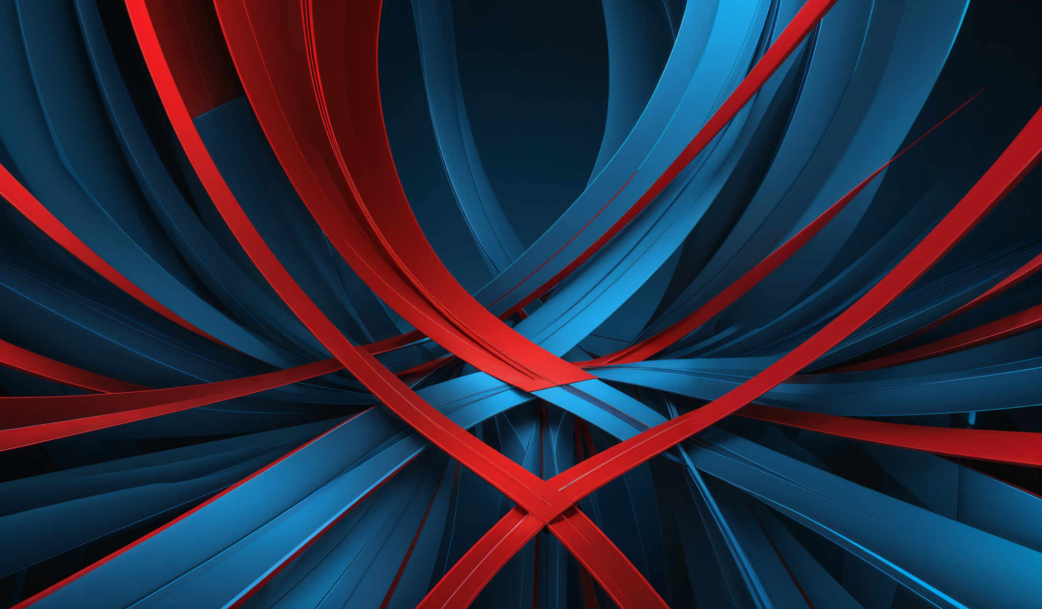 The image showcases a dynamic and vibrant design with intertwining ribbon-like structures in a spiral pattern. The dominant colors are deep blue and fiery red. The blue structures are smooth and flowing, creating a sense of depth and dimension. In contrast, the red structures are sharp and crisp, adding a touch of energy and dynamism to the composition. The interplay of these colors and shapes gives the image a modern and abstract feel.