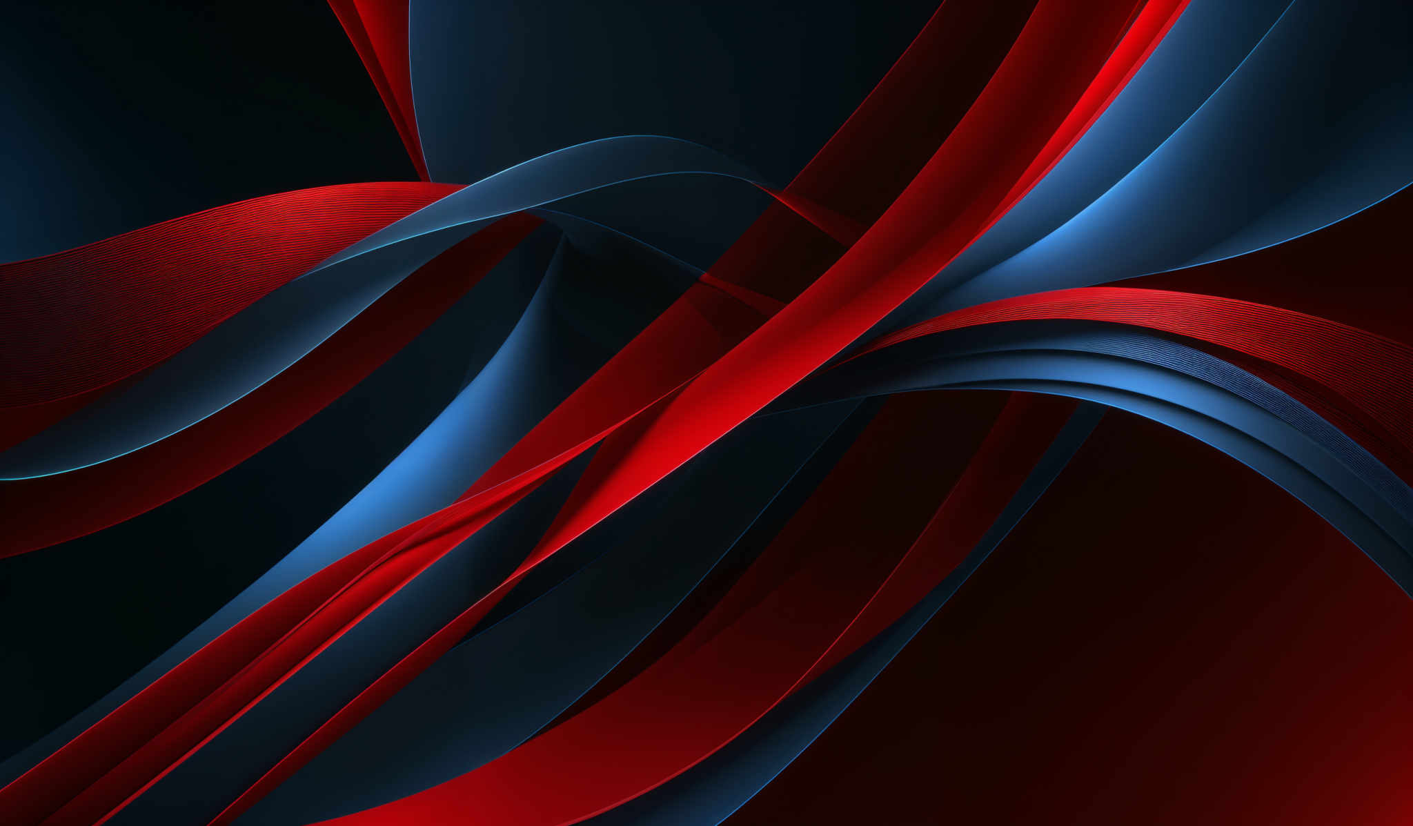 The image showcases a dynamic and abstract design with a predominant use of red and blue hues. The shapes are fluid and curvy, resembling intertwined ribbons or waves. The red and white stripes create a contrast against the deep blue background, giving the image a vibrant and energetic feel.