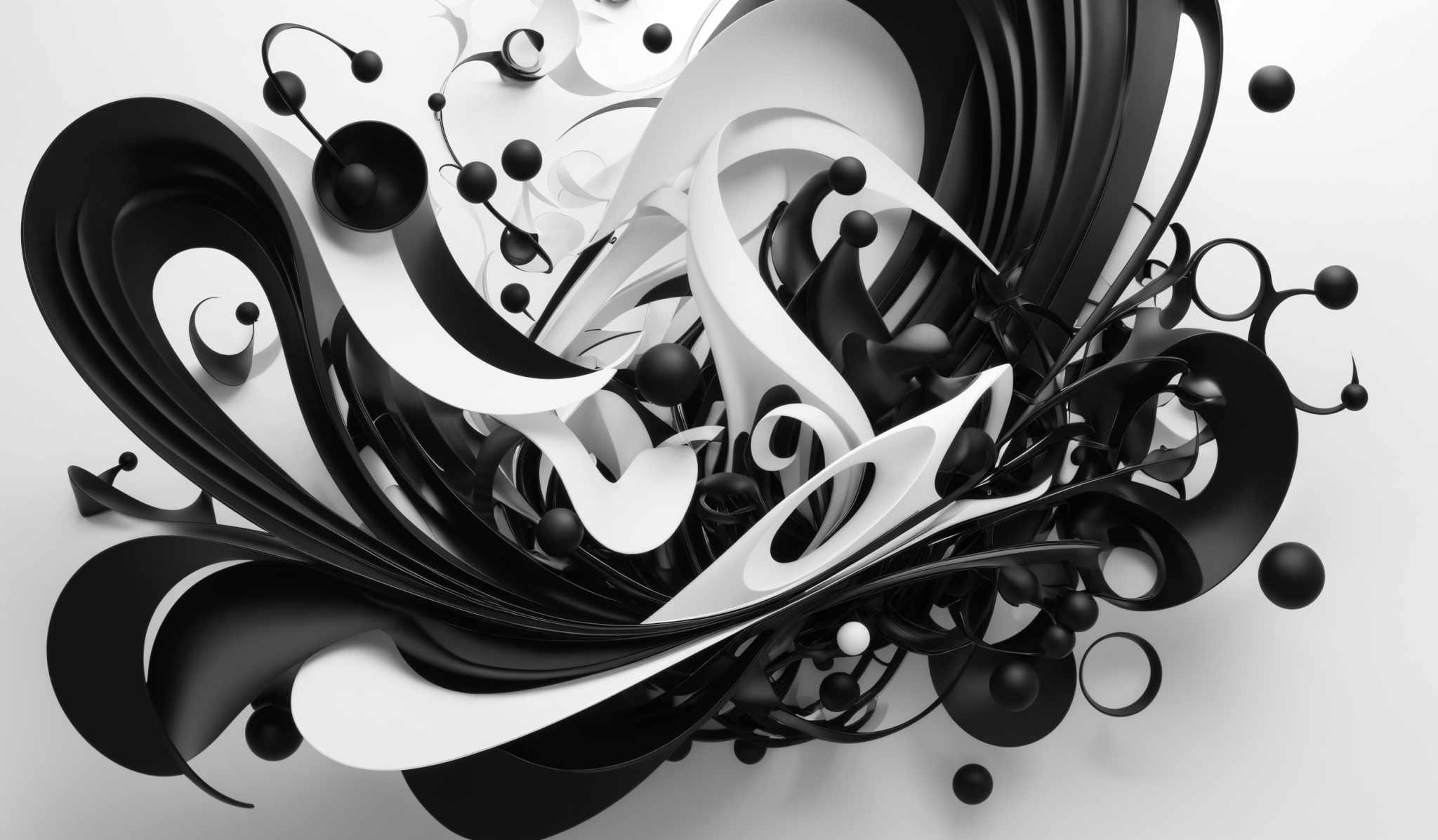 The image showcases an abstract design with predominantly black and white colors. The shapes are fluid and dynamic, resembling swirling patterns and abstract forms. The design is intricate, with overlapping curves and spheres, creating a sense of movement and depth.