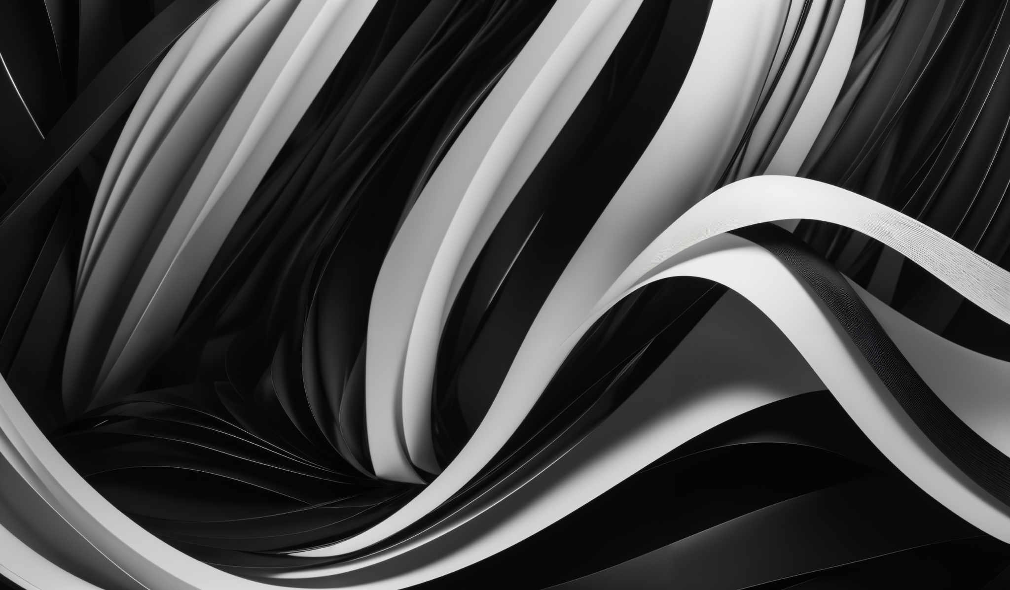 The image showcases a dynamic and intricate pattern of swirling lines and shapes. The dominant colors are varying shades of black and white, creating a monochromatic effect. The swirls are curvilinear and appear to be made of ribbon-like structures, intertwining and overlapping in complex patterns. The image exudes a sense of movement and fluidity, reminiscent of flowing fabric or waves.