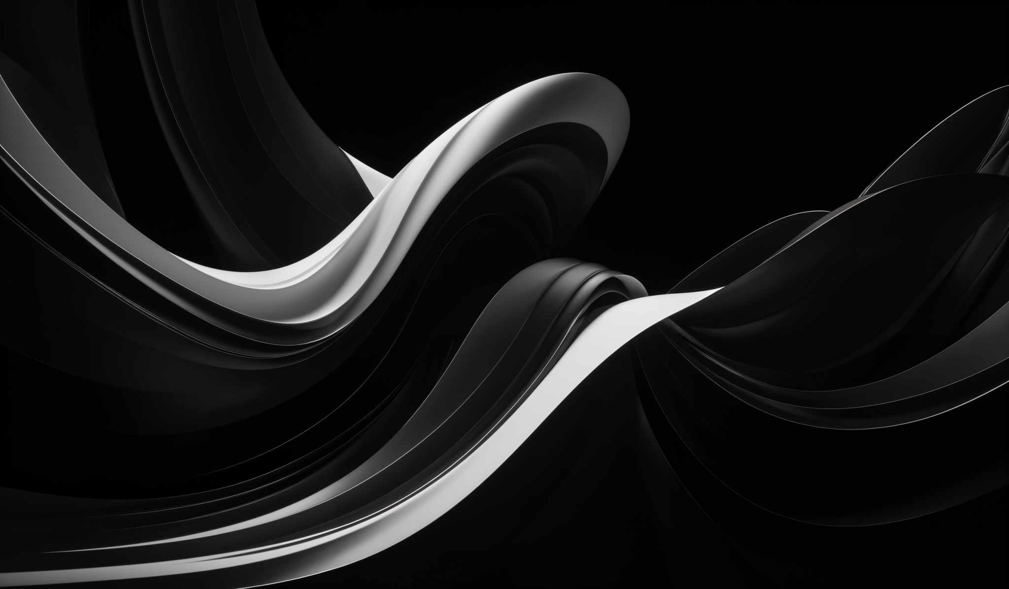 The image showcases a dynamic and abstract design. It predominantly features a monochromatic palette of black, white, and various shades of gray. The shapes are fluid and wavy, resembling flowing ribbons or waves. The design appears to be a digital rendering, with smooth transitions between the colors and curves, creating a visually captivating and modern aesthetic.