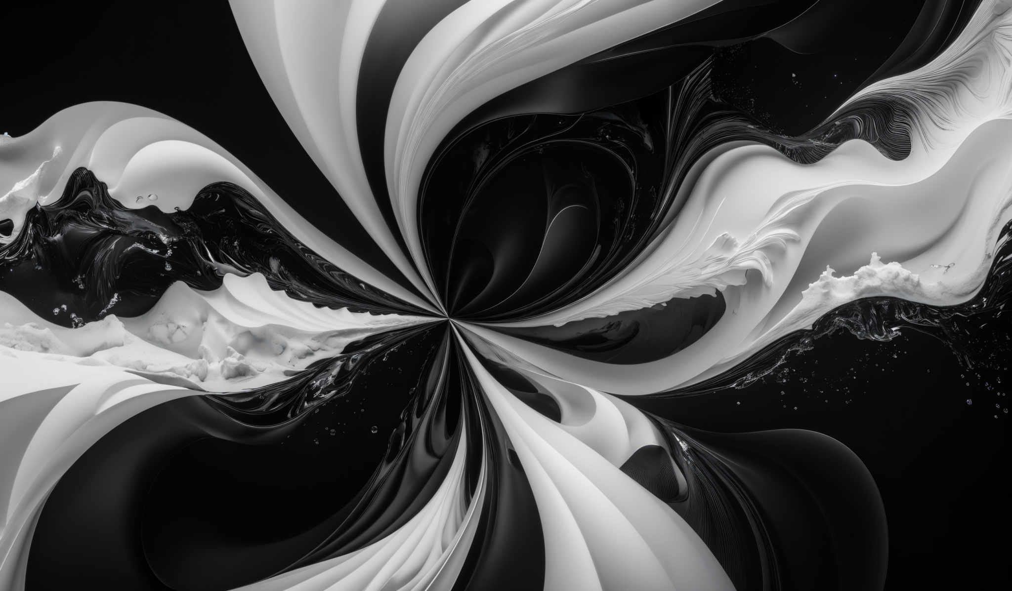 The image showcases a vibrant and dynamic abstract design. It predominantly features swirling patterns of black and white. The black forms the background, creating a deep contrast with the white, which appears to be in the form of fluid or liquid splashes. The shapes are fluid and organic, resembling waves or ripples, and they seem to be intertwining and overlapping in various directions. The overall effect is both mesmerizing and dynamic, evoking a sense of movement and energy.