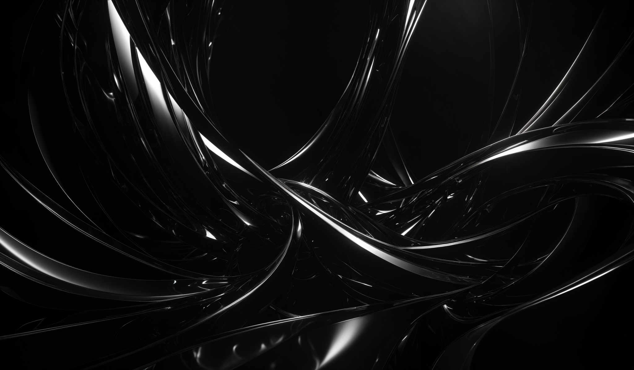 The image showcases a dark, abstract, and intricate design. It predominantly features swirling, glossy, and reflective curves that resemble liquid or chrome. The colors are primarily black and shades of gray, with highlights that give the curves a metallic sheen. The shapes are fluid and dynamic, creating a sense of movement and depth.