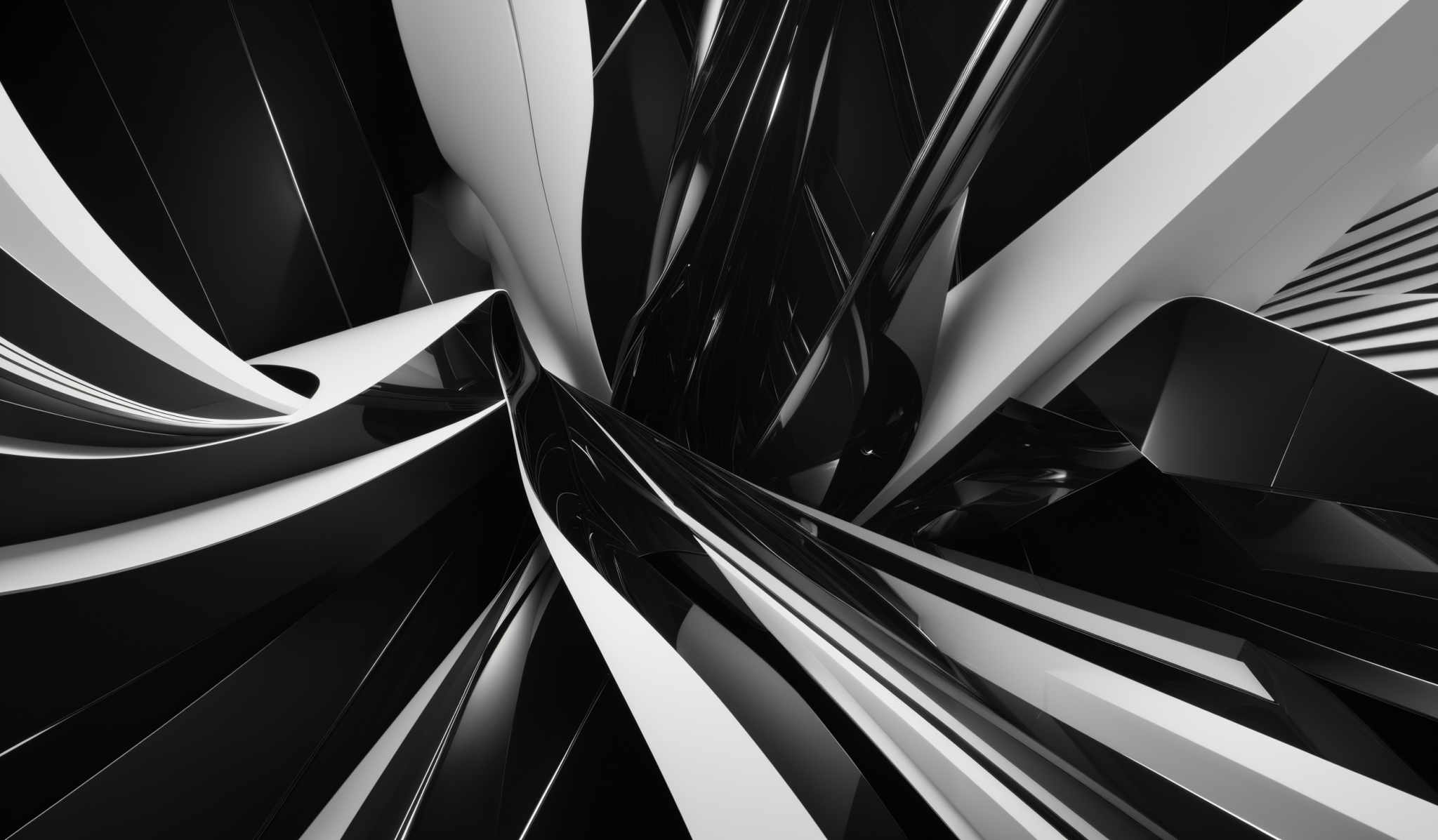 The image showcases a dynamic and intricate design with predominantly black and white colors. The shapes are predominant curved and wavy structures, resembling flowing ribbons or tendrils. The design appears to be a 3D representation, giving a sense of depth and movement. The interplay of light and shadow enhances the contrast, making the design pop and appear more three-dimensional.