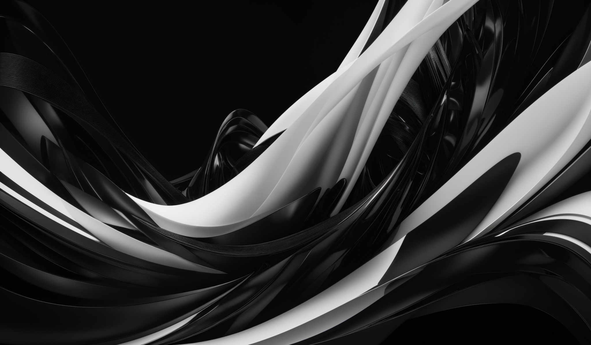 The image showcases a dynamic and abstract composition of swirling shapes. The dominant colors are black and white, with the white shapes appearing smooth and glossy, contrasting sharply with the darker black background. The swirls are intricate, with overlapping and intertwining patterns, creating a sense of movement and fluidity. The shapes resemble flowing ribbons or tendrils, and their arrangement gives the impression of a dynamic, possibly chaotic, flow.