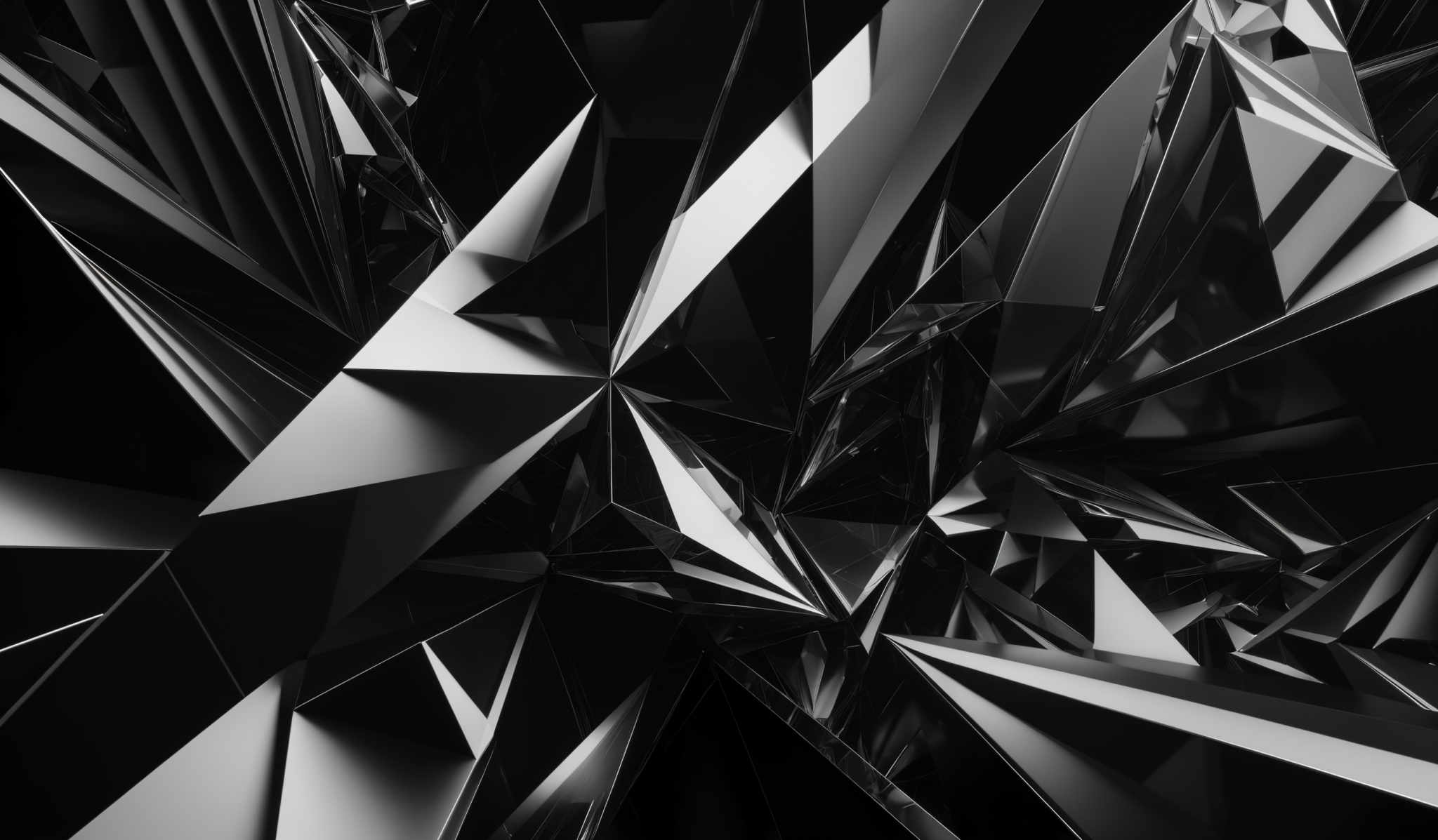 The image showcases a dynamic and intricate 3D geometric pattern. It predominantly features sharp, angular shapes resembling crystalline structures or shards. The colors are primarily monochromatic, with varying shades of black and white. The interplay of light and shadow gives depth and dimension to the shapes, creating a visually striking and modern aesthetic.