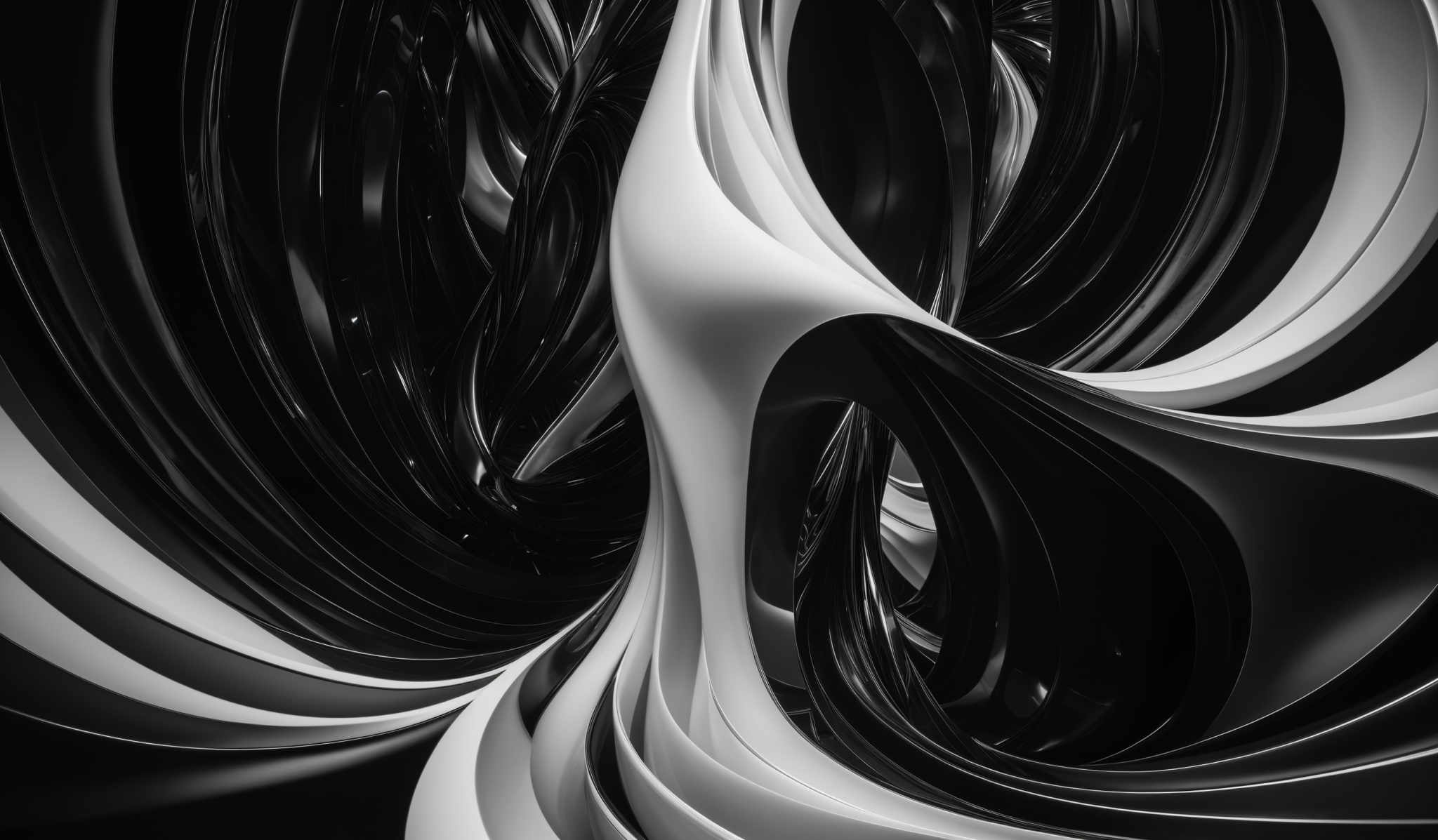 The image showcases a dynamic and intricate design with a predominantly monochromatic color scheme. It features swirling patterns of black and white, creating an illusion of depth and movement. The shapes are fluid and wavy, reminiscent of flowing liquid or abstract representations of organic forms. The interplay of light and shadow adds a three-dimensional effect, making the design appear as though it's spiraling into a central point.