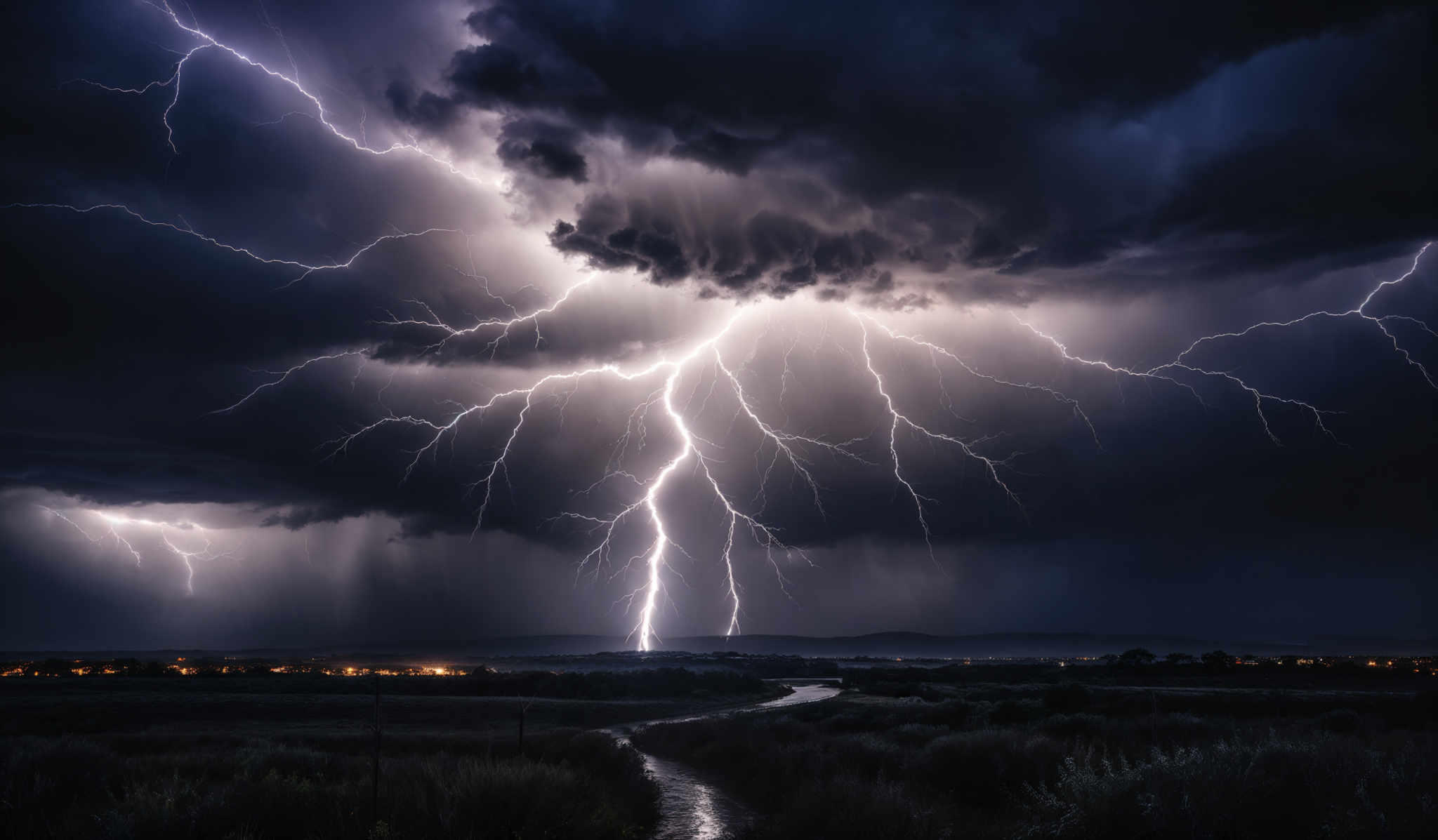 The image showcases a dramatic and intense scene of a thunderstorm. The dominant colors are deep blues, purples, and bright whites. The sky is filled with dark, ominous clouds, from which multiple bolts of lightning strike down. The lightning bolts are bright white, contrasting sharply with the dark clouds. Below, there's a landscape with a winding river or stream, surrounded by grassy fields. In the distance, there are some illuminated structures, possibly a town or city, with lights reflecting off the water.