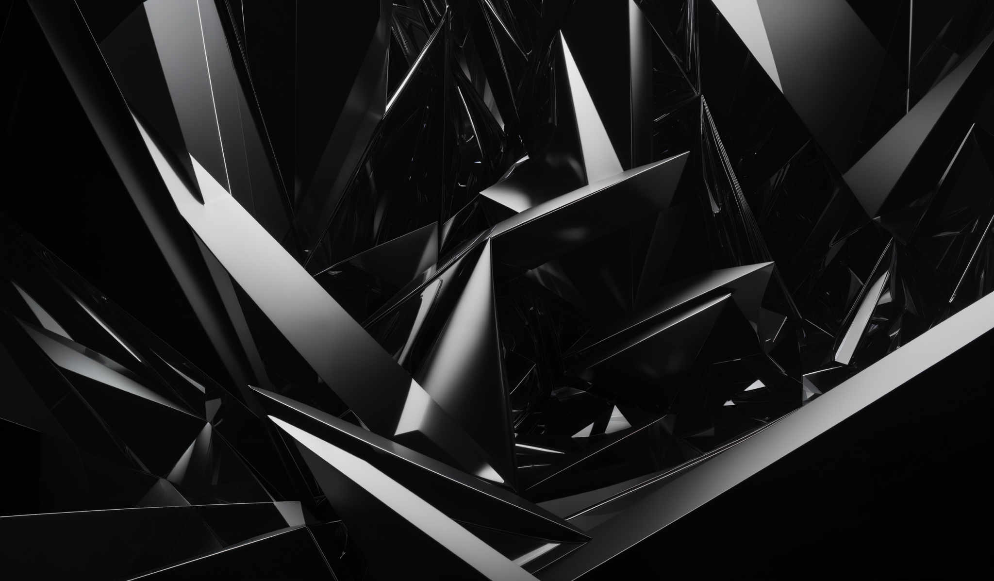 The image showcases a 3D abstract design with sharp, angular shapes. The dominant colors are shades of black and white, creating a monochromatic appearance. The shapes are predominantly triangular, with some having multiple facets. The design appears chaotic, yet structured, giving an impression of a dynamic, fragmented space.