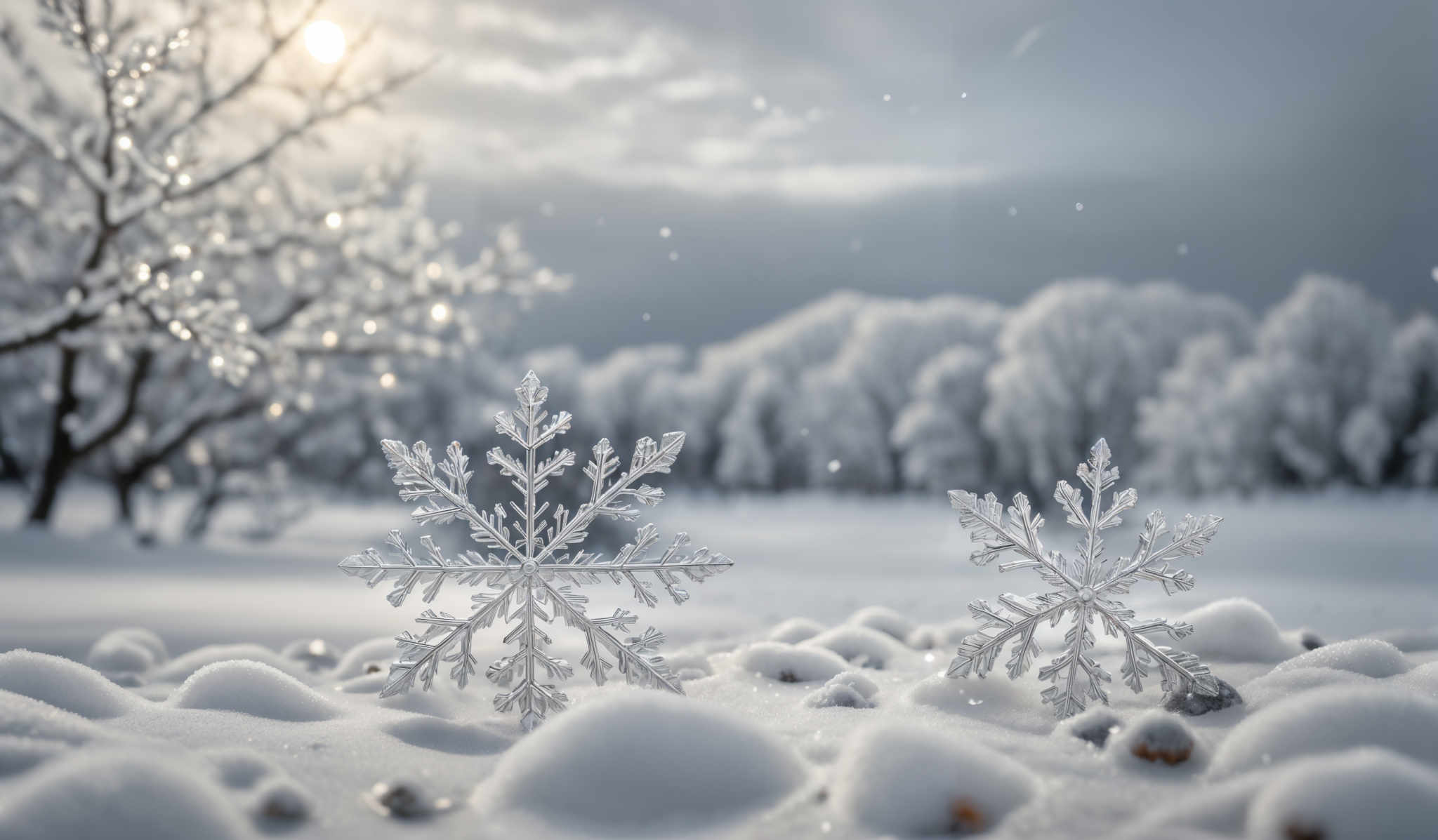 The image showcases a serene winter landscape. Dominating the foreground are two intricately designed snowflakes, one larger and one slightly smaller, both resting on a blanket of snow. The snowfakes are translucent, revealing delicate patterns and details. In the background, there's a dense forest covered in snow, with trees appearing frosted and glistening under the sunlight. The sky is partly cloudy, with the sun peeking through, casting a warm glow on the scene. The overall color palette is cool, with whites, blues, and grays dominating, punctuated by the warm hues of the sun.