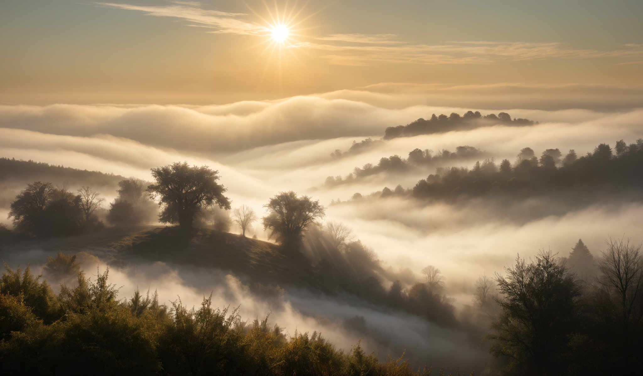 The image showcases a breathtaking landscape during what appears to be sunrise or sunset. The sky is painted with hues of orange, yellow, and a touch of blue. The sun, positioned near the horizon, radiates a brilliant light, casting long shadows across the scene. Below, a blanket of mist or fog envelops the valleys and rolling hills, creating a dreamy, ethereal effect. The fog appears to flow like a river, creating layers of depth and dimension. Silhouettes of trees and possibly a small structure or house can be seen on the hills, standing tall against the mist. The overall mood of the image is serene, tranquil, and somewhat mystical.