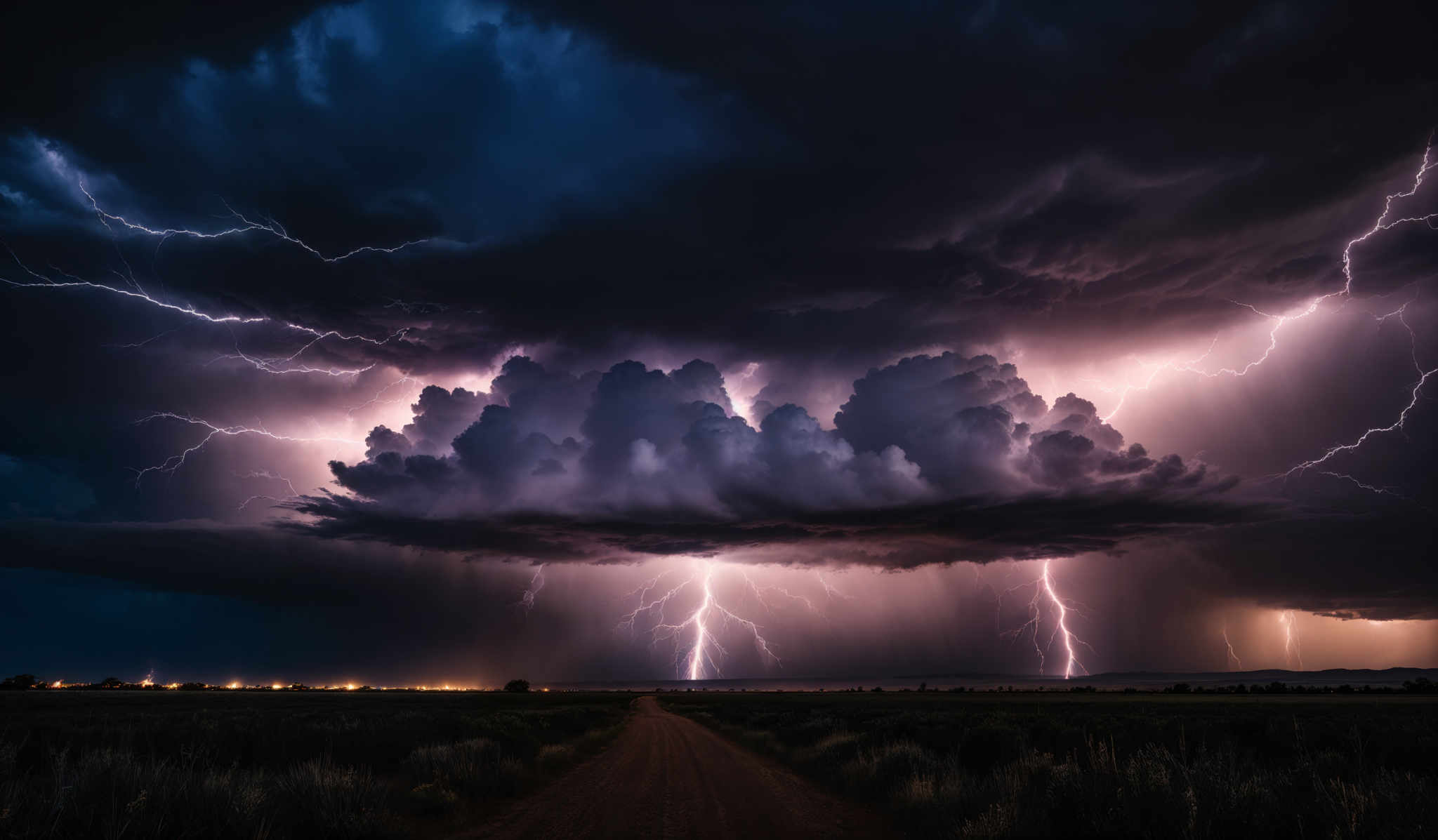 The image showcases a dramatic and intense scene of a thunderstorm. Dominating the sky are dark, ominous clouds with hints of blue peeking through. Multiple bolts of lightning strike from these clouds, illuminating the scene with a bright white light. The lightning strikes appear as jagged lines, contrasting sharply with the smooth, billowing clouds. Below the storm, there's a landscape of what appears to be a flat plain with a dirt road leading towards the horizon. On the horizon, there are faint outlines of structures or buildings, possibly indicating a distant town or city. The overall color palette is a mix of deep blues, purples, and bright whites, creating a stark contrast and adding to the intensity of the scene.