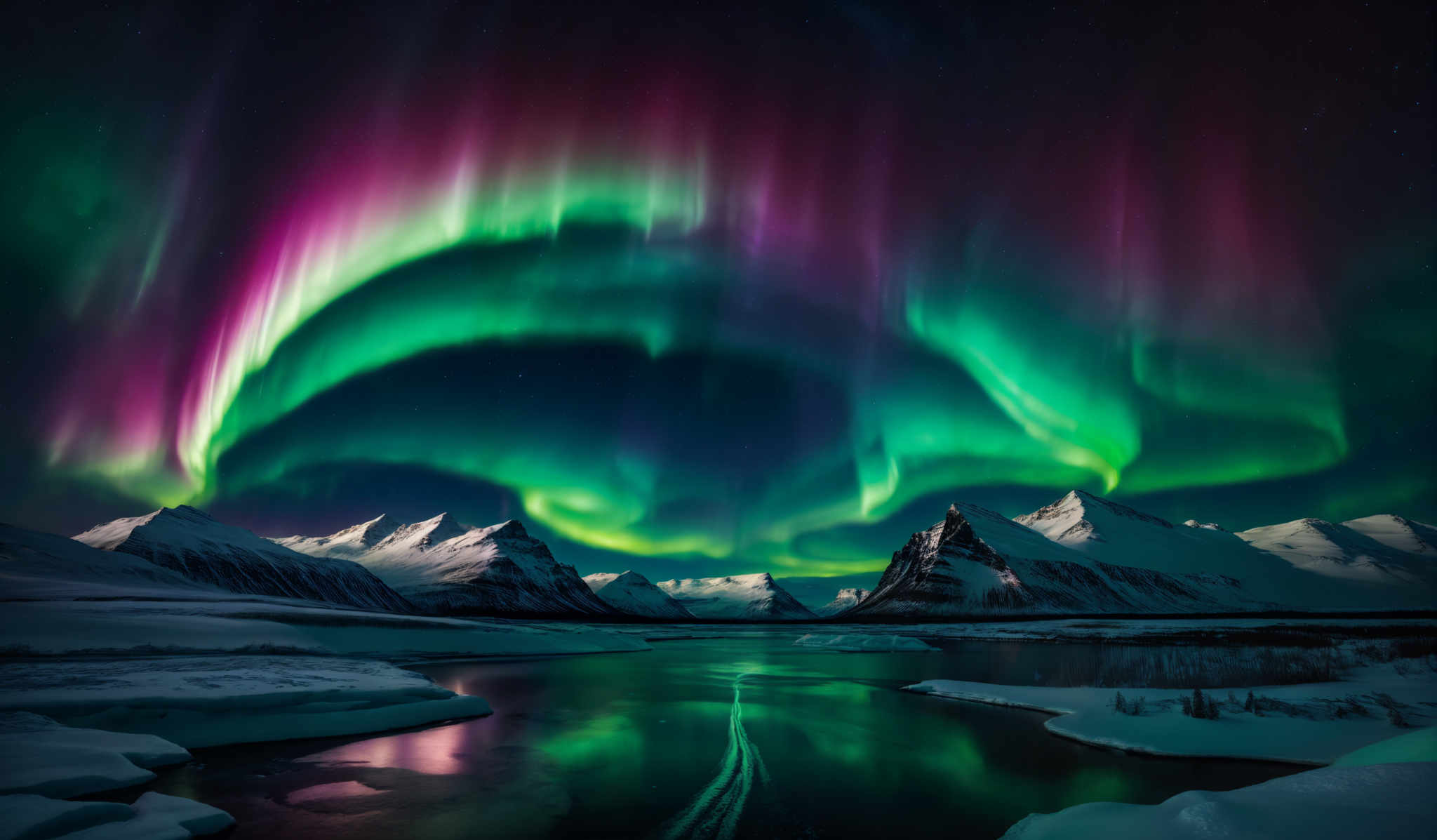 The image showcases a breathtaking view of the Northern Lights, also known as the Aurora Borealis. The colors range from deep purples and blues to vibrant greens and pinks. The shape is an arching curve, almost resembling a semi-circle, with the lights radiating outwards from a central point. The landscape below is snow-covered with mountains in the distance. There's also a serene body of water reflecting the colors of the sky. The overall ambiance is serene and awe-inspiring.