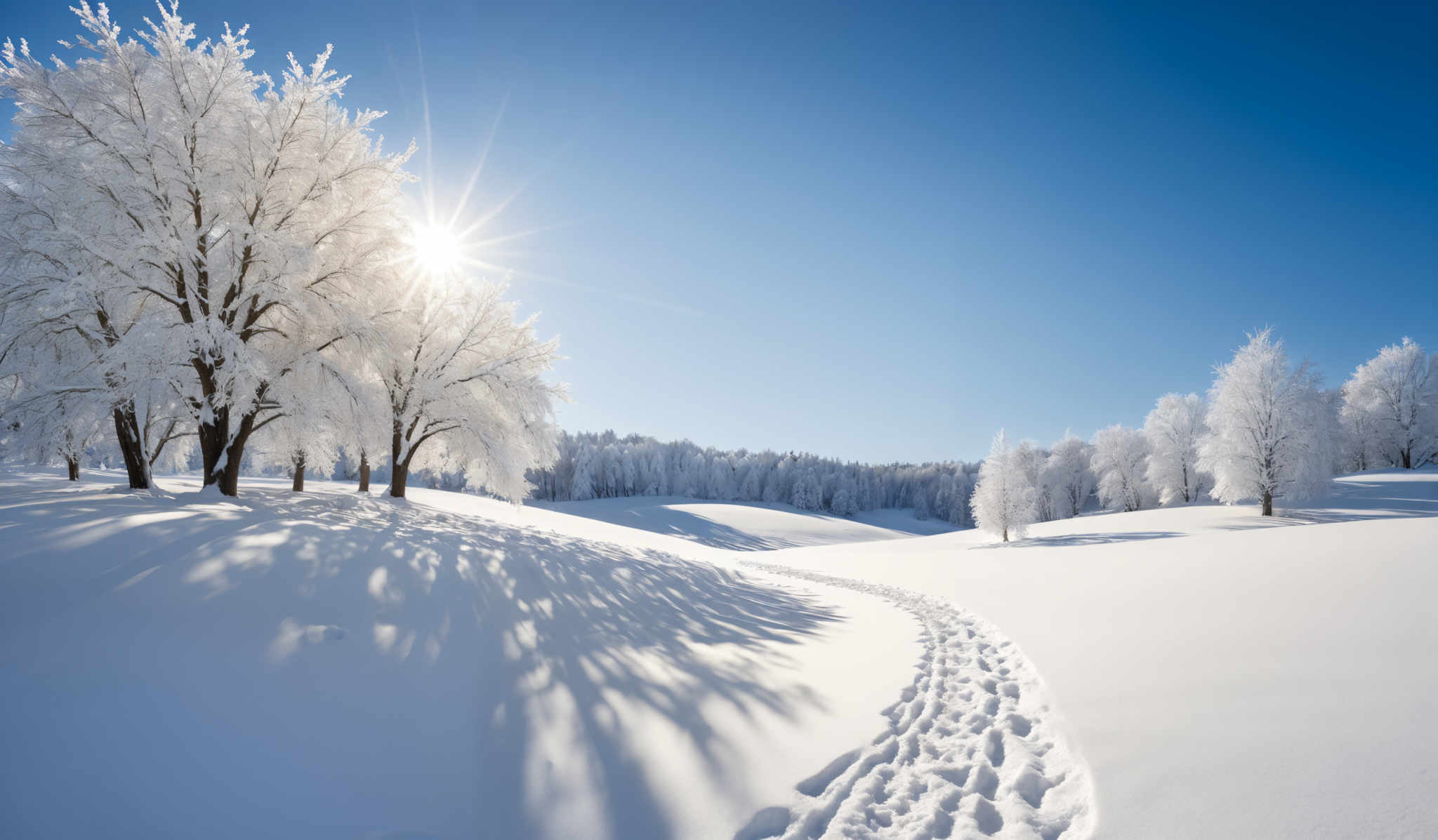 The image showcases a breathtaking winter landscape. Dominating the scene are snow-covered trees, their branches laden with a thick layer of frost or snow, creating a pristine white appearance. The sun shines brightly from the top left corner, casting a radiant glow and producing a beautiful starburst effect. The snow-clad ground is undulating, with a clear trail of footprints leading the viewer's eye into the distance. The sky is clear blue, offering a stark contrast to the white snowy expanse below.