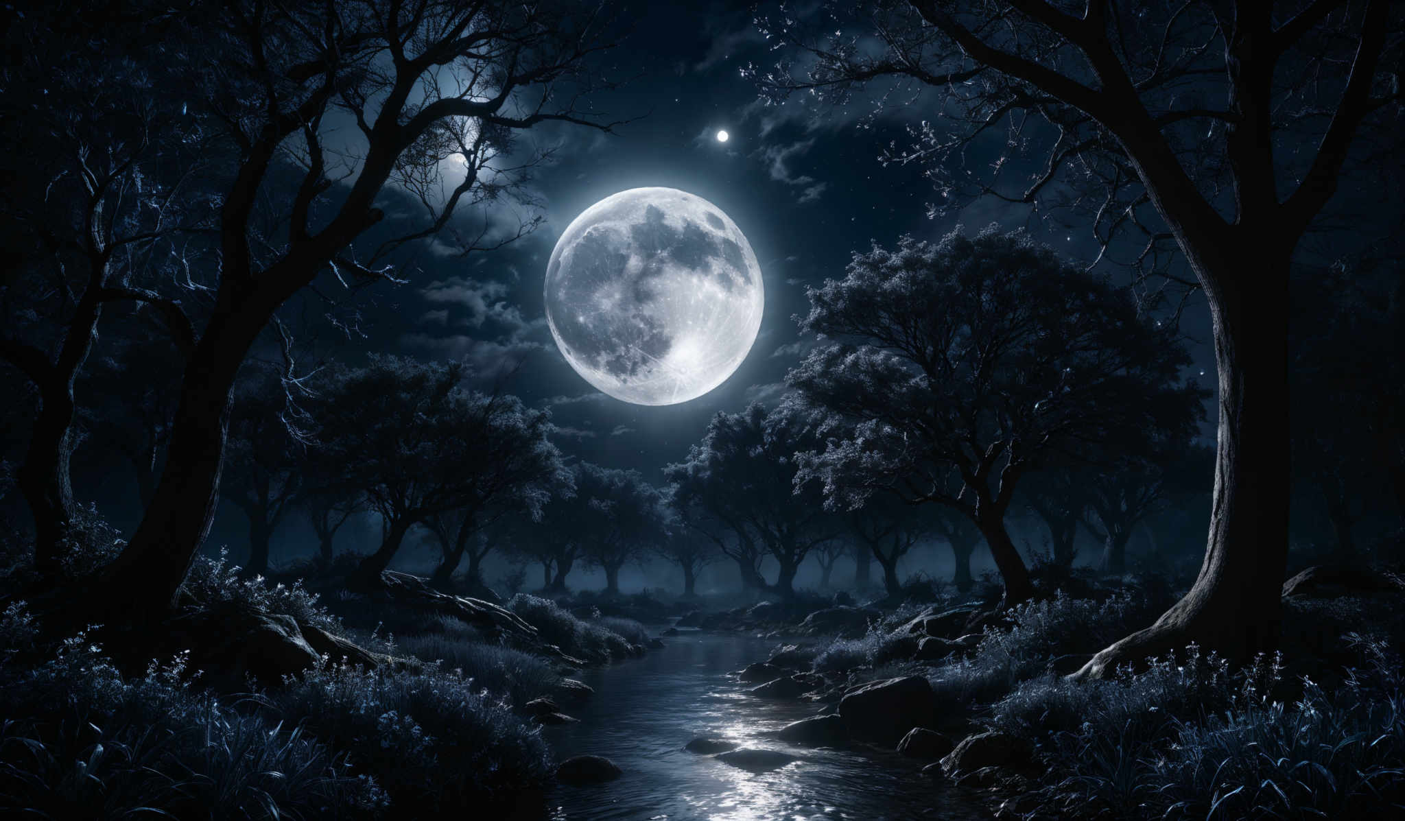 The image predominantly features shades of blue and black, creating a nocturnal ambiance. The moon, which is the central focus, is a bright, luminous white sphere with craters and a glowing blue hue. It's surrounded by a dark blue sky dotted with stars. The foreground features a serene river with shimmering water reflecting the moon's light. On either side of the river, there are tall, twisted trees with gnarled branches, their silhouettes contrasting against the moonlit sky. The ground is covered with grass and small plants, and there's a sense of calm and tranquility in the scene.