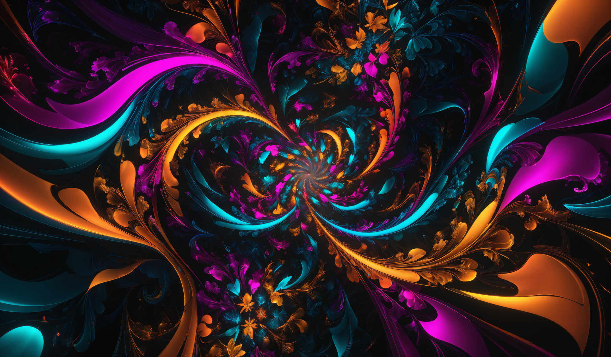 The image showcases a vibrant and intricate fractal design. It features a swirling pattern of colors, predominantly shades of pink, blue, orange, and gold. The shapes are reminiscent of intertwined vines or tendrils, with curves and loops creating a mesmerizing effect. The central part of the image has a darker hue, which contrasts with the brightly colored swirls, giving depth and dimension to the overall design.