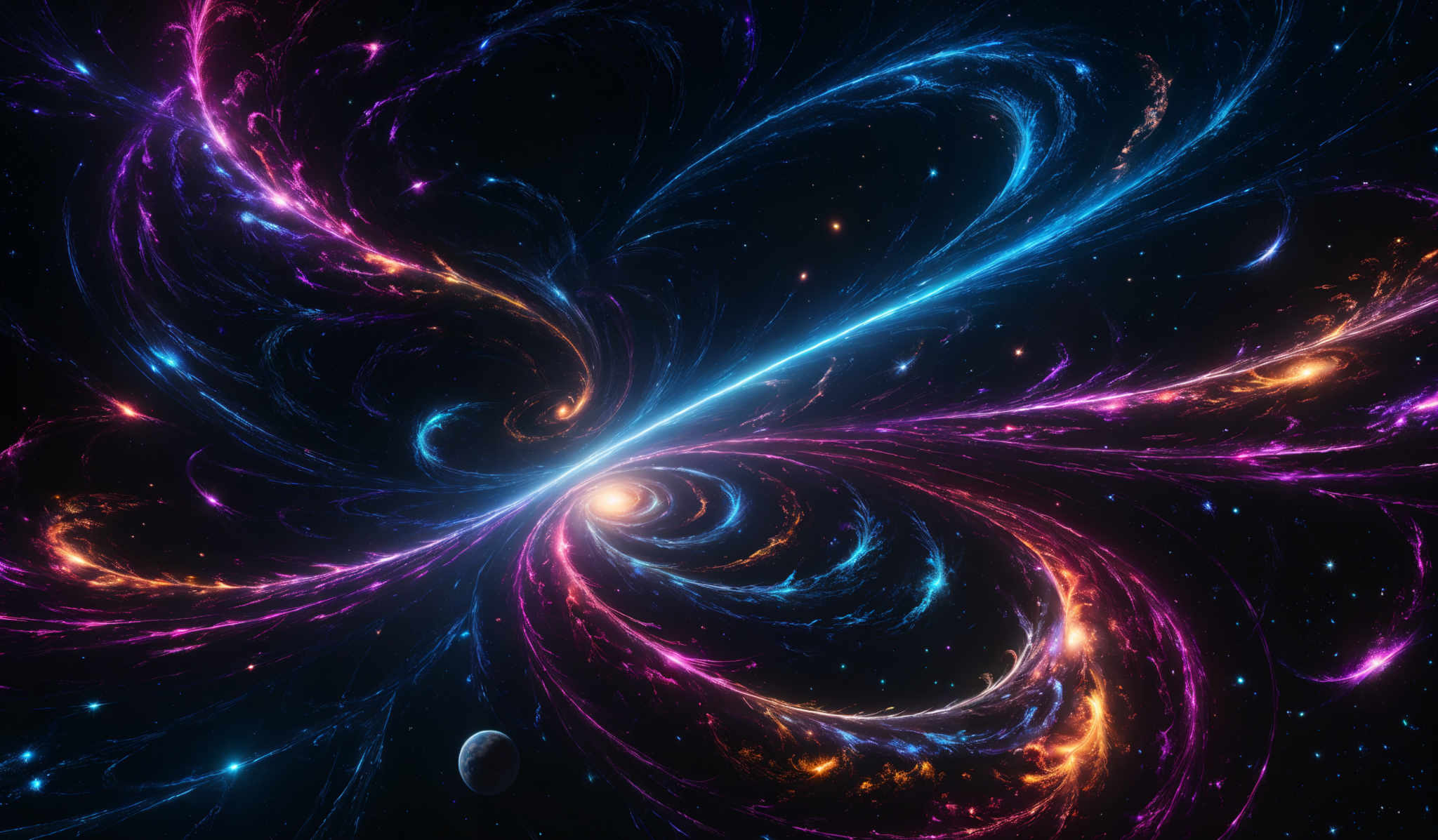 The image showcases a vibrant and mesmerizing cosmic scene. It features swirling patterns of vivid colors, predominantly shades of blue, purple, and orange, reminiscent of nebulae or galaxies. The swirls are intricate and seem to emanate from a central point, giving the impression of a vortex or a cosmic event. There are also bright dots scattered throughout, which could represent distant stars or other celestial bodies. The overall composition is both beautiful and awe-inspiring, capturing the vastness and mystery of the universe.