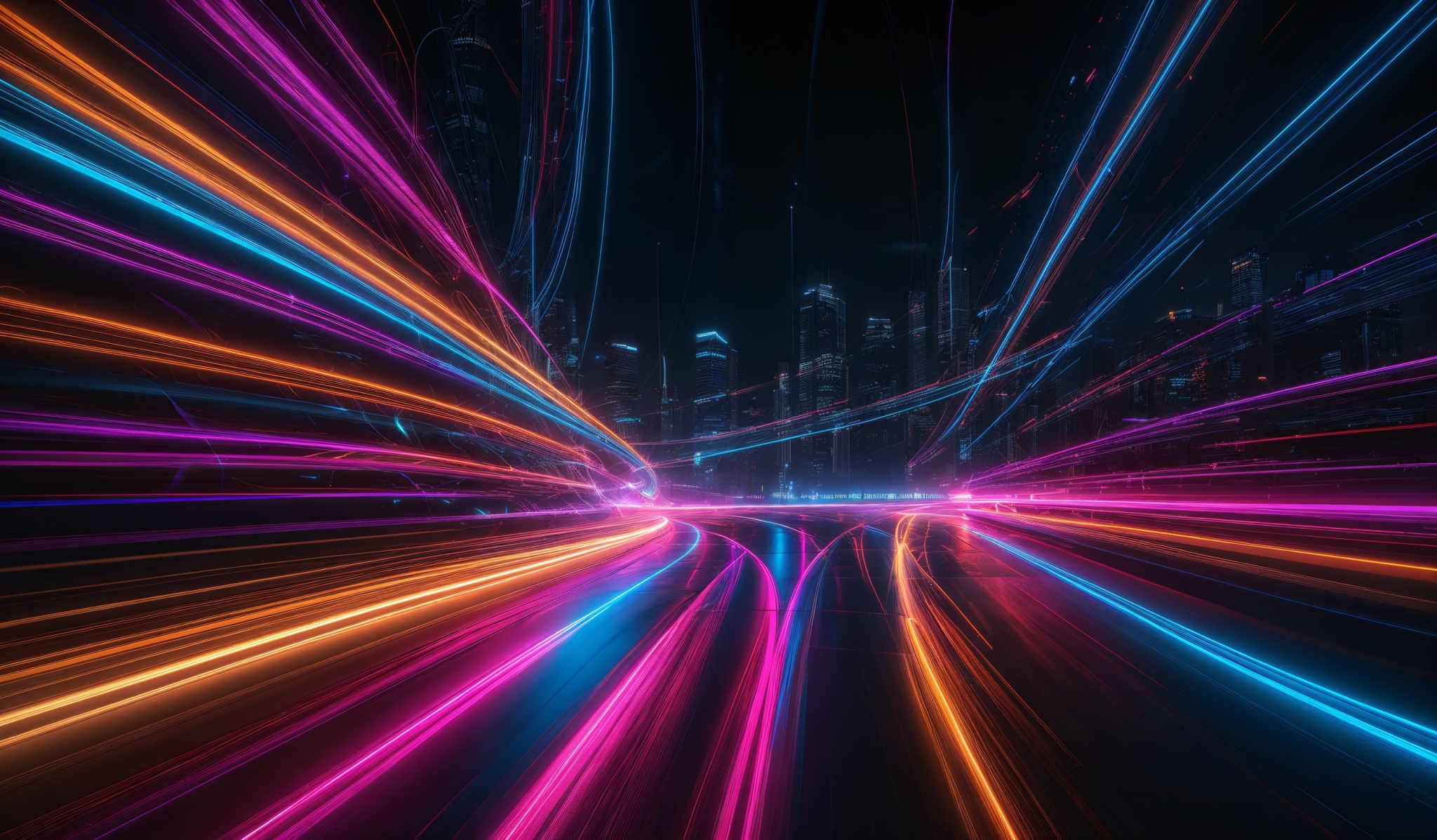 The image showcases vibrant neon colors, predominantly shades of pink, blue, and orange. These colors form dynamic, curving lines that radiate outward from the center, creating a sense of motion and energy. The lines appear to be light trails, possibly from a long-exposure photograph, capturing the movement of vehicles or lights in a cityscape. The background reveals a silhouette of a city with tall buildings, suggesting this image might be a futuristic or abstract representation of a bustling urban environment.