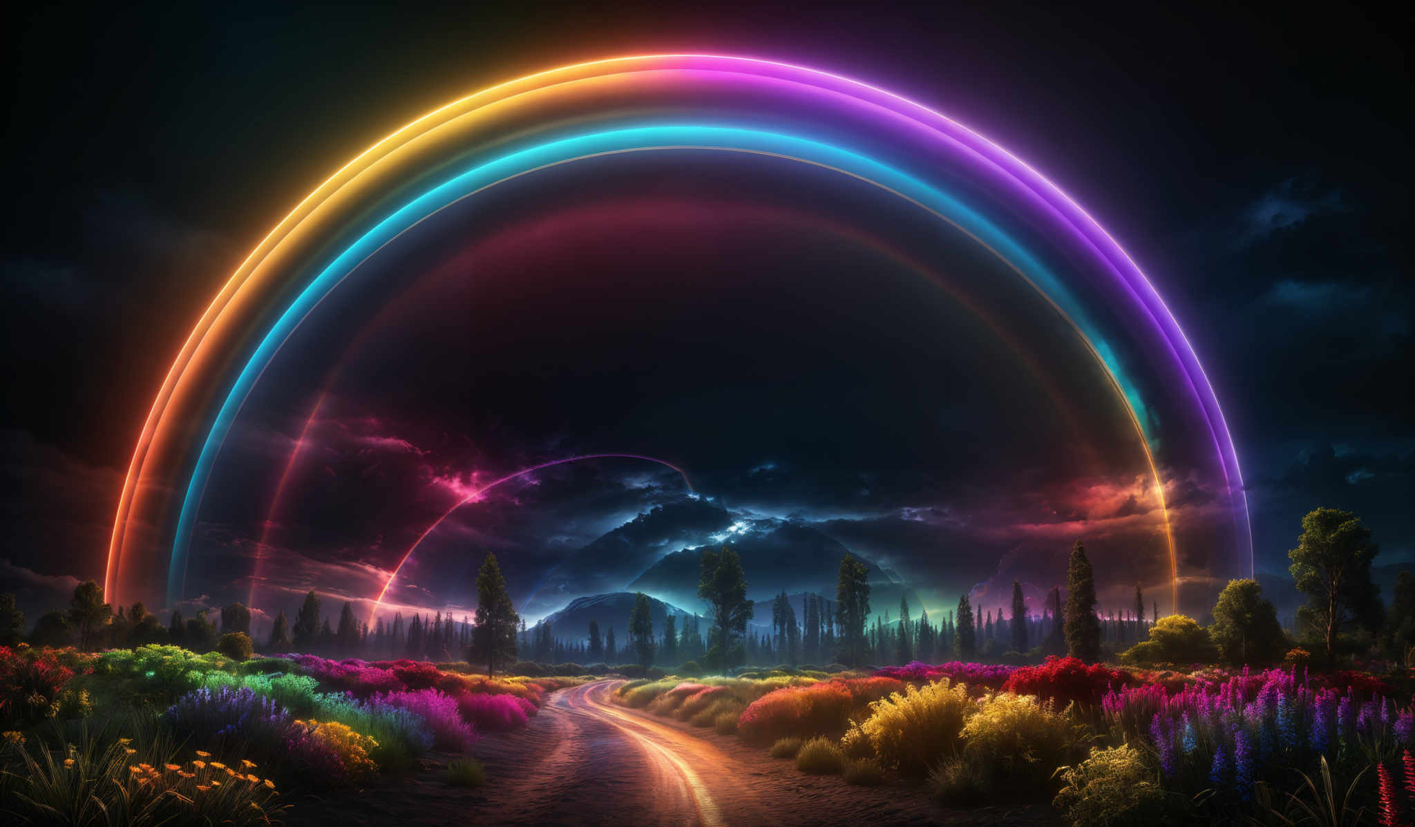 The image showcases a vibrant and mesmerizing landscape. At the center, there's a vivid rainbow with multiple colors, including red, orange, yellow, green, blue, indigo, and violet. The rainbow is illuminated with a neon glow, making it stand out against the dark, stormy sky. Below the rainbow, there is a lush meadow filled with colorful flowers in shades of red, purple, yellow and green. The meadow is bordered by a dense forest of tall trees. In the distance, there are mountains with a hint of snow on their peaks. The sky above is dark and stormy, with clouds looming, adding to the dramatic atmosphere of the scene.