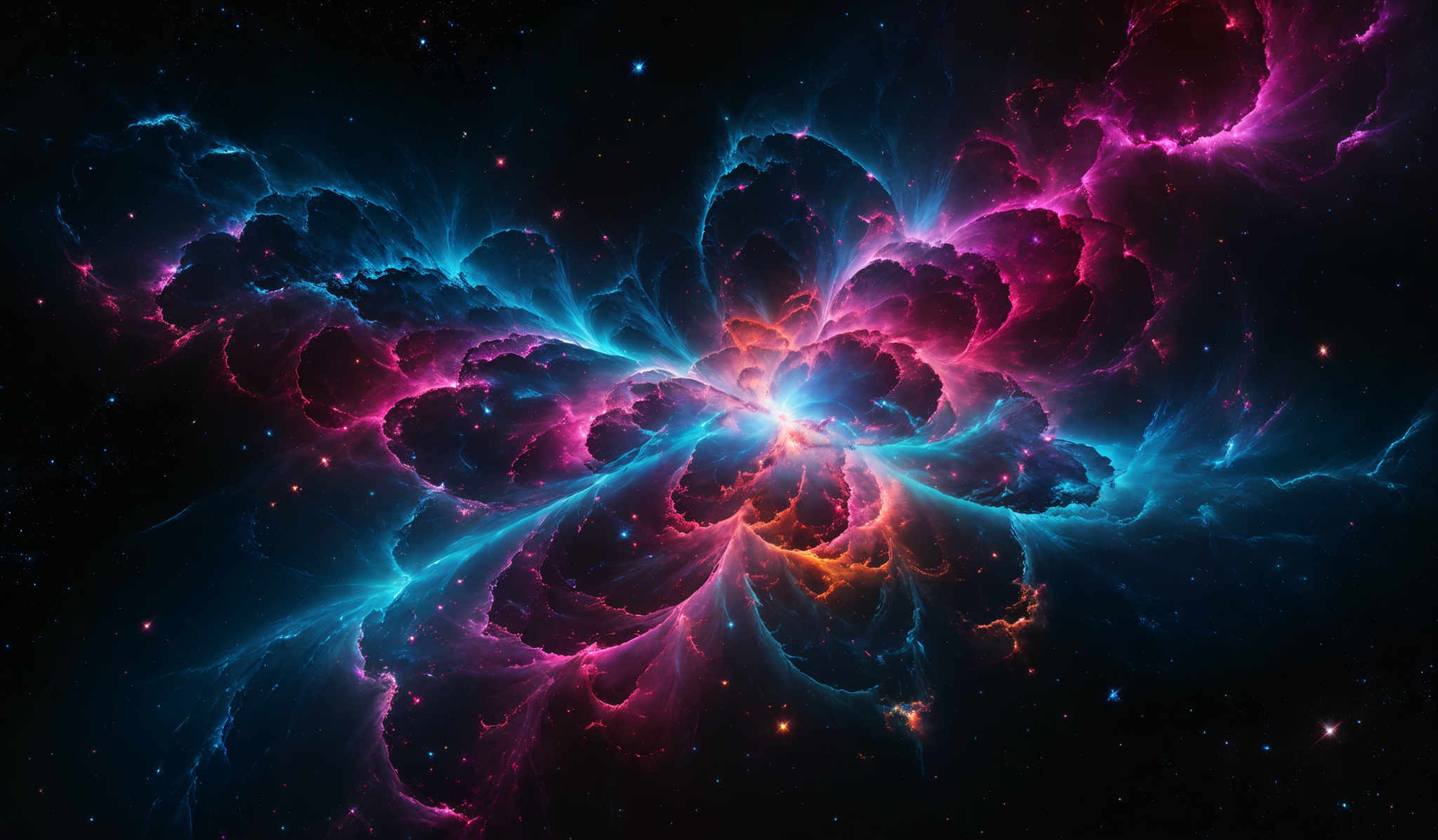 The image showcases a vibrant and mesmerizing cosmic scene. It features a burst of colors, predominantly shades of pink, blue, and orange, emanating from a central point. The colors seem to be emanated from intricate patterns and structures that resemble nebulae or gas clouds in space. These structures have a fluid, wavy appearance, reminiscent of petals or layers of clouds. The background is dark, with specks of light, possibly representing distant stars or galaxies.