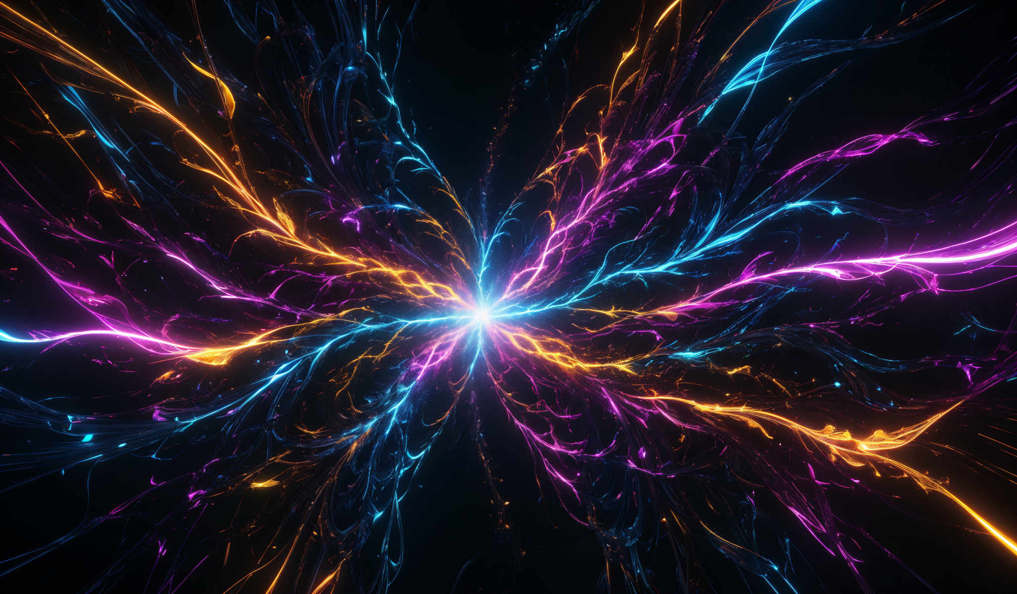 The image showcases a vibrant and dynamic explosion of colors. The central point emits a bright blue light, surrounded by swirling tendrils of pink, orange, and blue energy. These tendrills radiate outwards, intertwining and intermingling, creating an intricate web of light and color. The overall effect is reminiscent of a burst of energy or a cosmic event, with the colors and shapes giving it an ethereal and otherworldly feel.