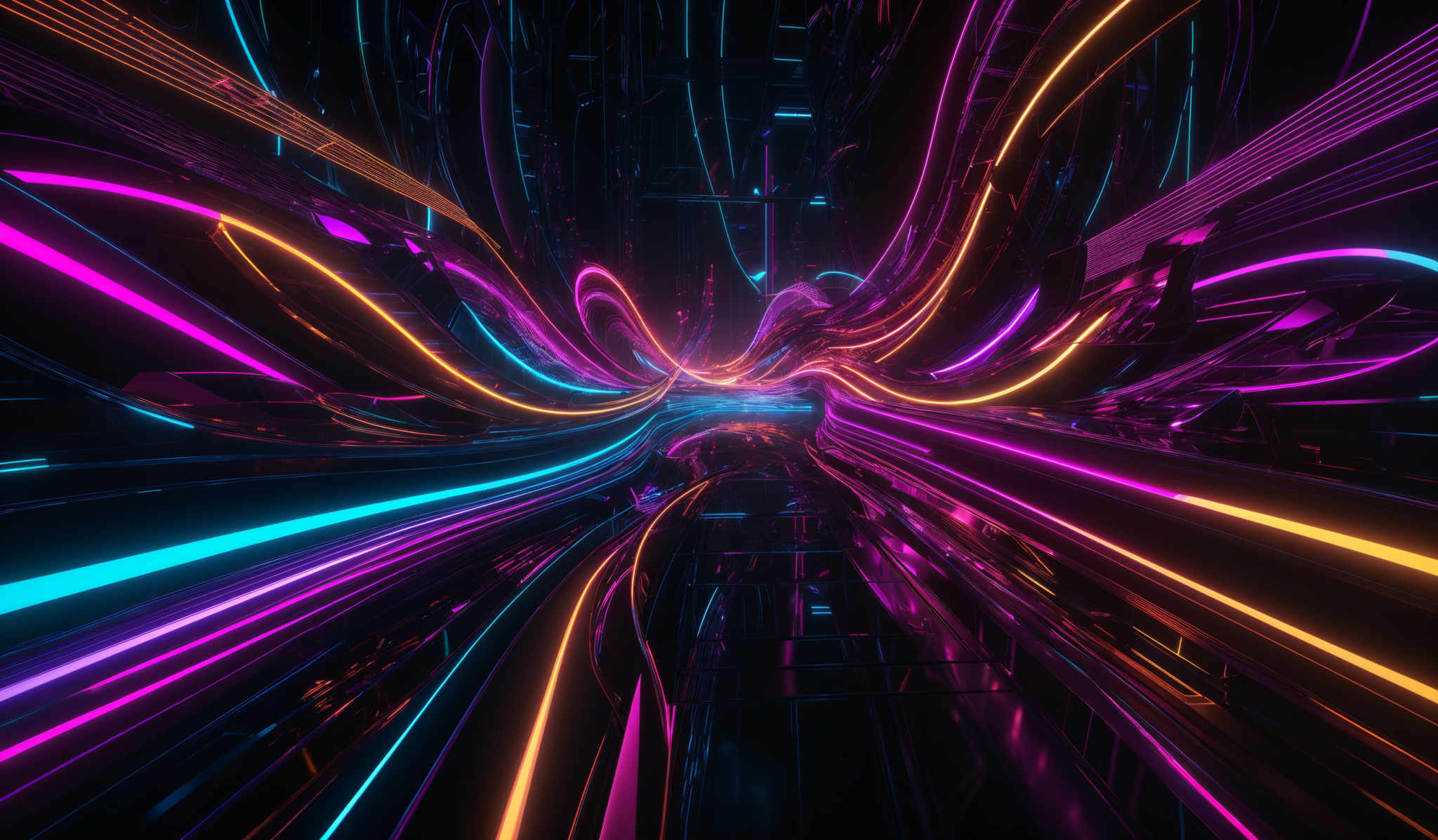 The image showcases a vibrant and dynamic digital artwork. It features a series of intertwined, curving lines in vivid colors such as pink, blue, and gold. These lines appear to be reflecting off of a glossy surface, creating a sense of depth and dimension. The overall shape resembles a futuristic or abstract representation of a tunnel or corridor, with the lines representing pathways or streams of energy.