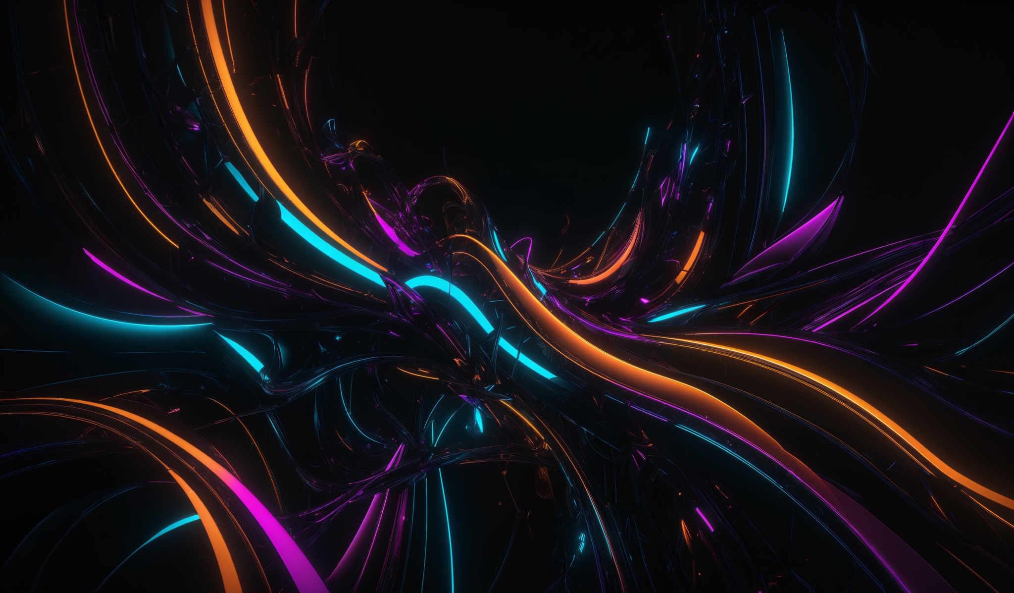 The image showcases a dynamic and intricate pattern of intertwined lines and curves. These lines are illuminated in vibrant hues of blue, purple, and orange. The shapes resemble flowing tendrils or strands, almost as if they are made of a glossy, translucent material. The interplay of light and shadow gives depth and dimension to the design, making it appear as though the lines are both solid and fluid at the same time.