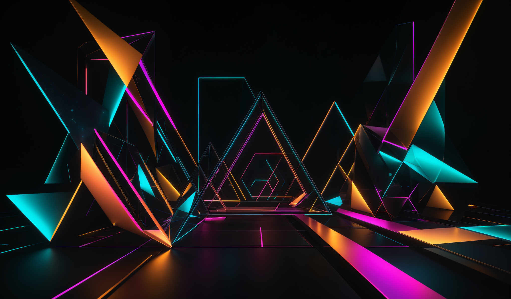 The image showcases a vibrant and dynamic 3D scene with geometric shapes. The dominant colors are neon shades of pink, blue, and yellow. The shapes are predominantly triangles and rectangles, intertwined and overlapping in a chaotic yet harmonious manner. The background is dark, which accentuates the glowing edges of the geometric forms, creating a contrast that draws the viewer's attention.