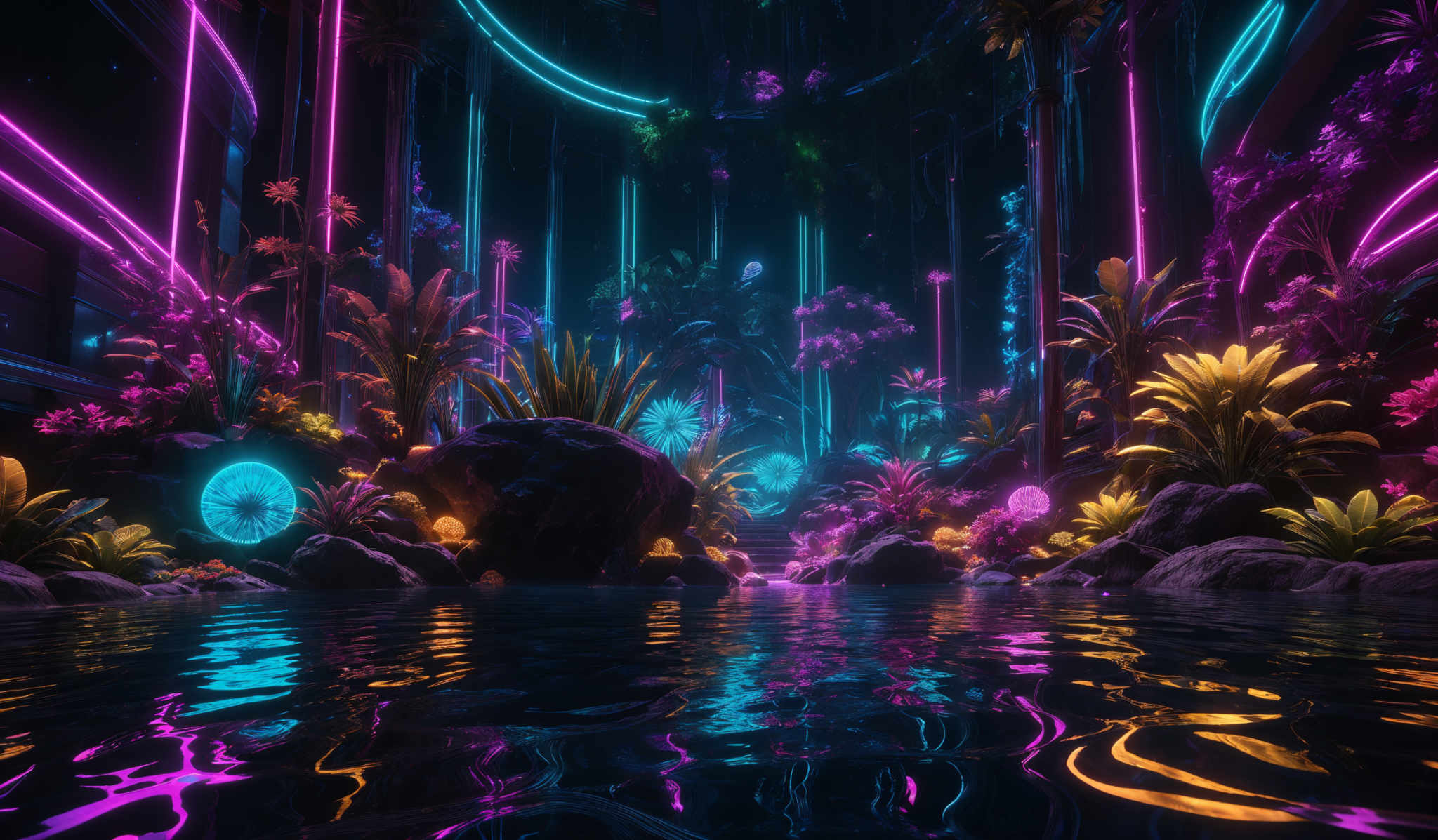 The image showcases a vibrant and futuristic scene. The dominant colors are neon shades of pink, blue, and purple. The scene is adorned with various plants, some of which are illuminated by the neon lights. There are also rocks and water elements present, with the water reflecting the neons and the plants. The overall ambiance is serene, yet electrifying due to the bright neon glow.