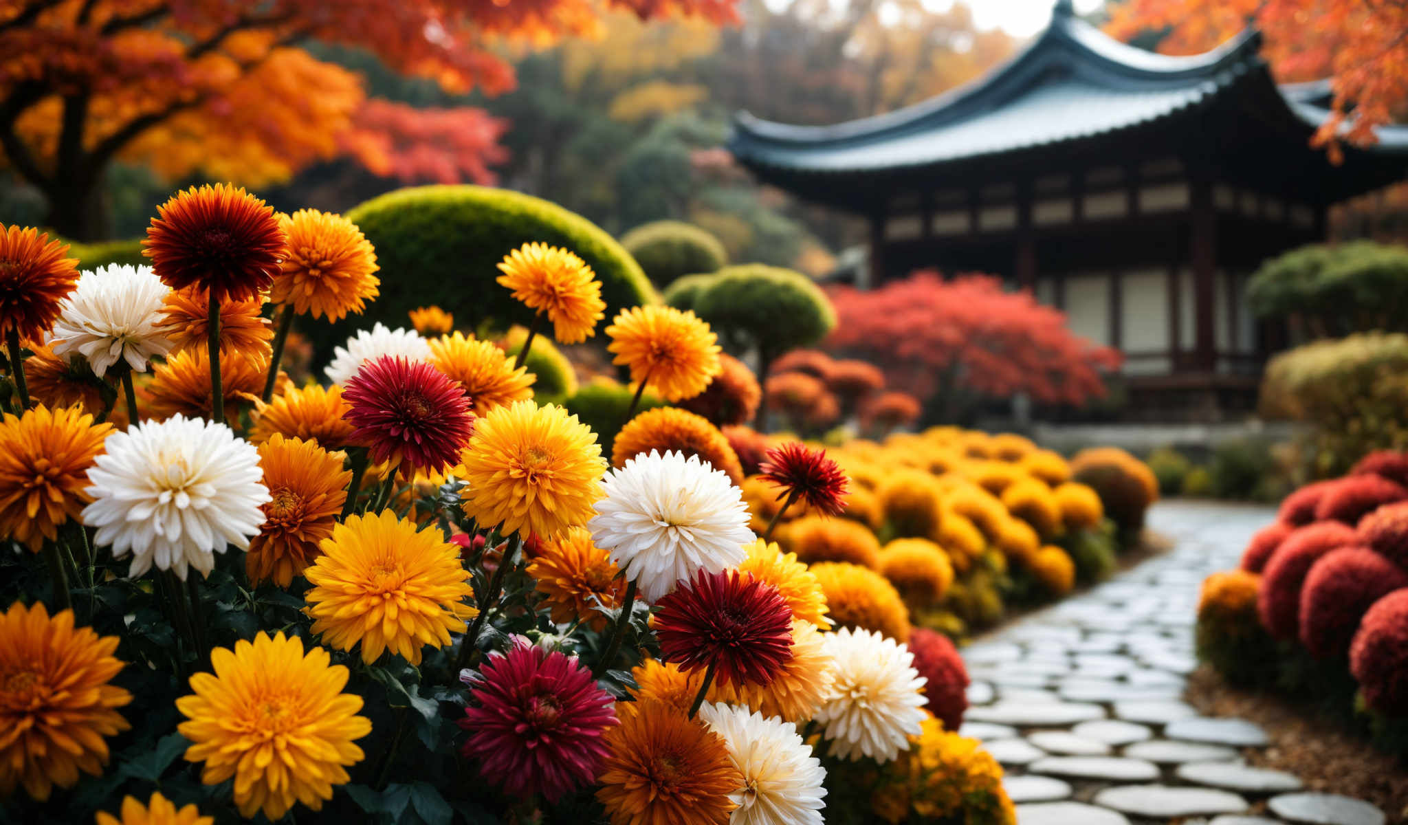 A beautiful garden with a pagoda in the background. The garden is filled with a variety of flowers including yellow orange and red ones. The pagoda is made of wood and has a black roof. The flowers are in full bloom creating a vibrant and colorful scene. The photo was taken during the fall season as evidenced by the changing colors of the leaves on the trees. The overall atmosphere of the photo is peaceful and serene inviting viewers to take a moment to appreciate the beauty of nature.