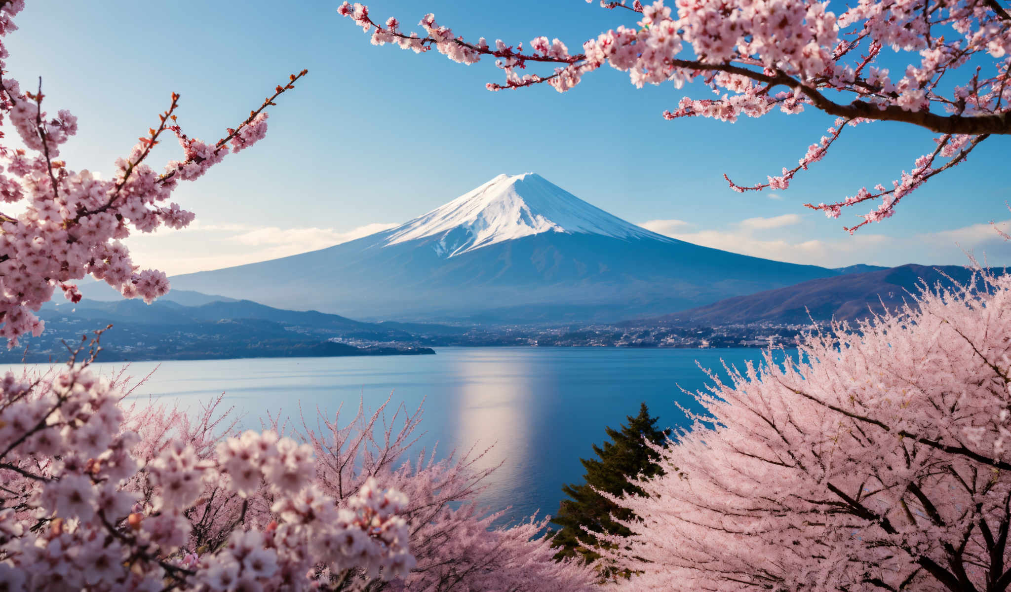 A beautiful view of Mount Fuji in Japan. The mountain is covered in snow and is surrounded by a deep blue lake. The sky is clear and blue and there are cherry blossom trees in the foreground. The image is taken from a high vantage point giving a panoramic view of the scene. The colors in the image are vibrant with the snow on Mount Fuji appearing white the lake appearing blue the cherry blossoms appearing pink and the sky appearing blue. The perspective of the photo is from above looking down on the mountain and the lake.