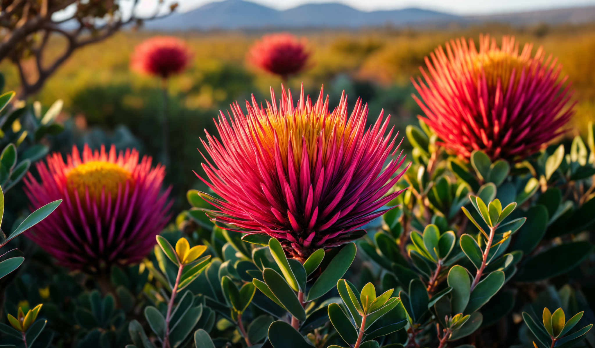 The image showcases a vibrant scene of nature. At the forefront there are three red flowers in full bloom their petals radiating a bright red hue. Each flower is surrounded by a lush green bush providing a stark contrast to the red of the flowers. The flowers are arranged in a triangular formation with one flower slightly ahead of the other two as if leading the way.

In the background a mountain range stretches across the horizon its peaks shrouded in a light mist. The mountains are a muted gray color providing another layer of contrast to this colorful scene. The sky above is a pale blue adding a calming element to the overall composition.

The image is a beautiful representation of nature's diversity and harmony with each element - the red flowers the green bushes the gray mountains and the blue sky - contributing to a serene and captivating visual experience.