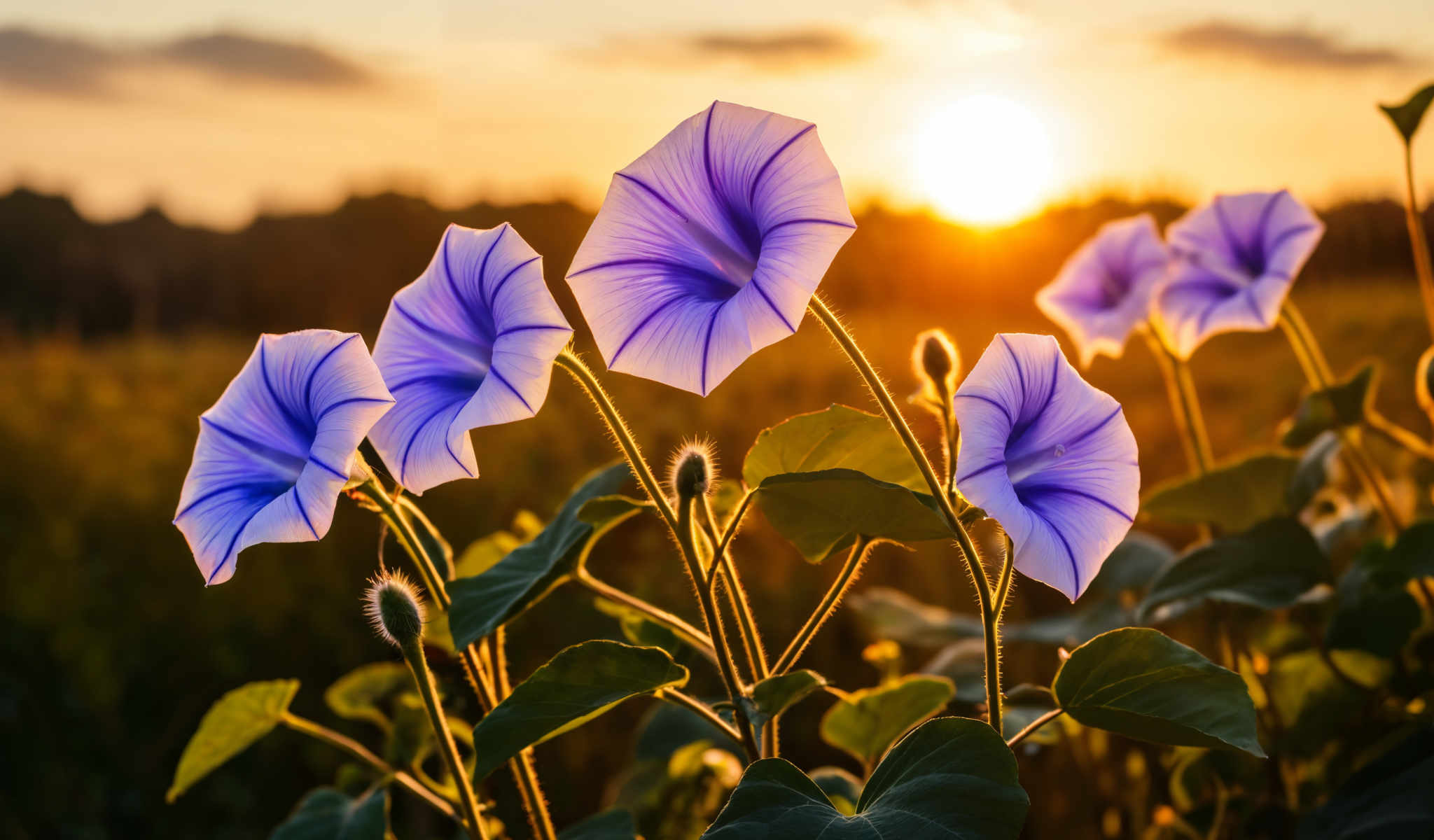 The image captures a serene scene of a field of purple flowers bathed in the warm glow of a setting sun. The flowers with their five petals are the main focus of the photo. They are in full bloom their vibrant purple color contrasting beautifully with the golden hues of the sunset. The sun is positioned in the top right corner of the frame casting long shadows and creating a dramatic effect. The field is filled with these flowers creating a sea of purple that extends into the distance. The photo is taken from a low angle which emphasizes the height of the flowers and gives the viewer a sense of being in the field. The overall composition of the photograph is balanced and harmonious with the flowers sun and shadows all contributing to a tranquil and picturesque scene.