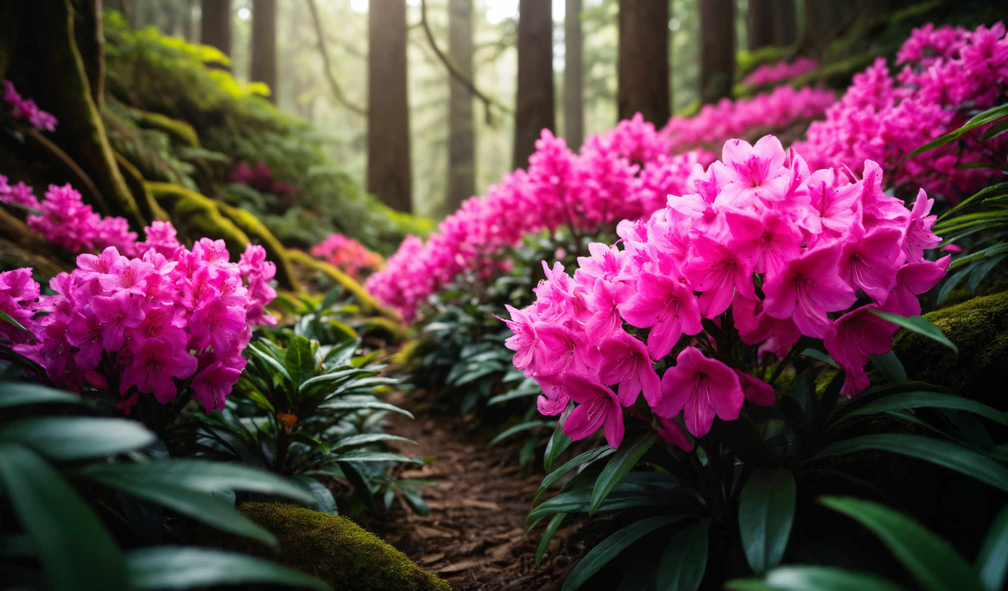 A forest of pink flowers with green leaves.