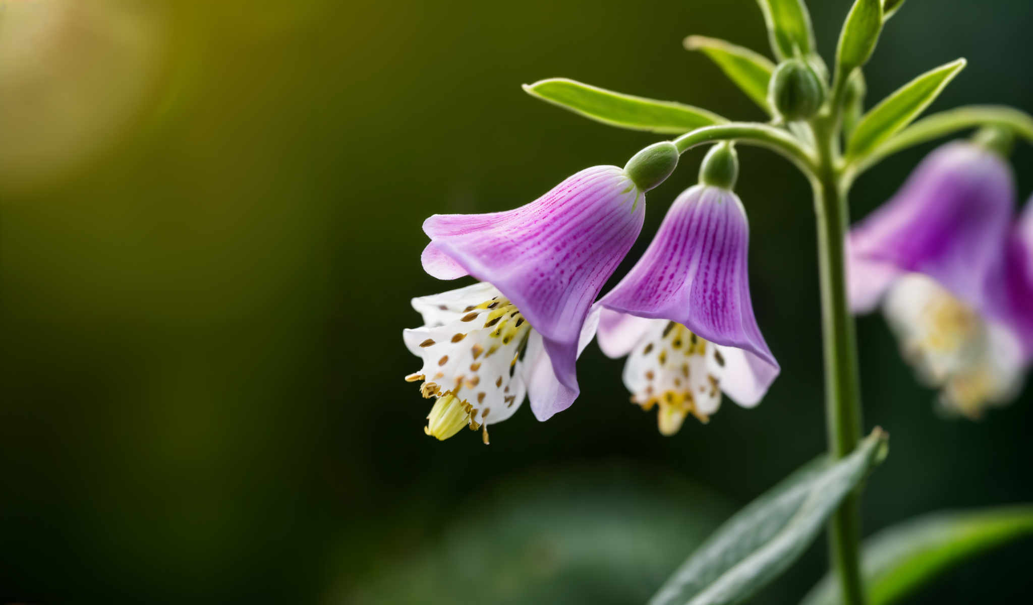 A close up of a purple and white flower with yellow stamens.