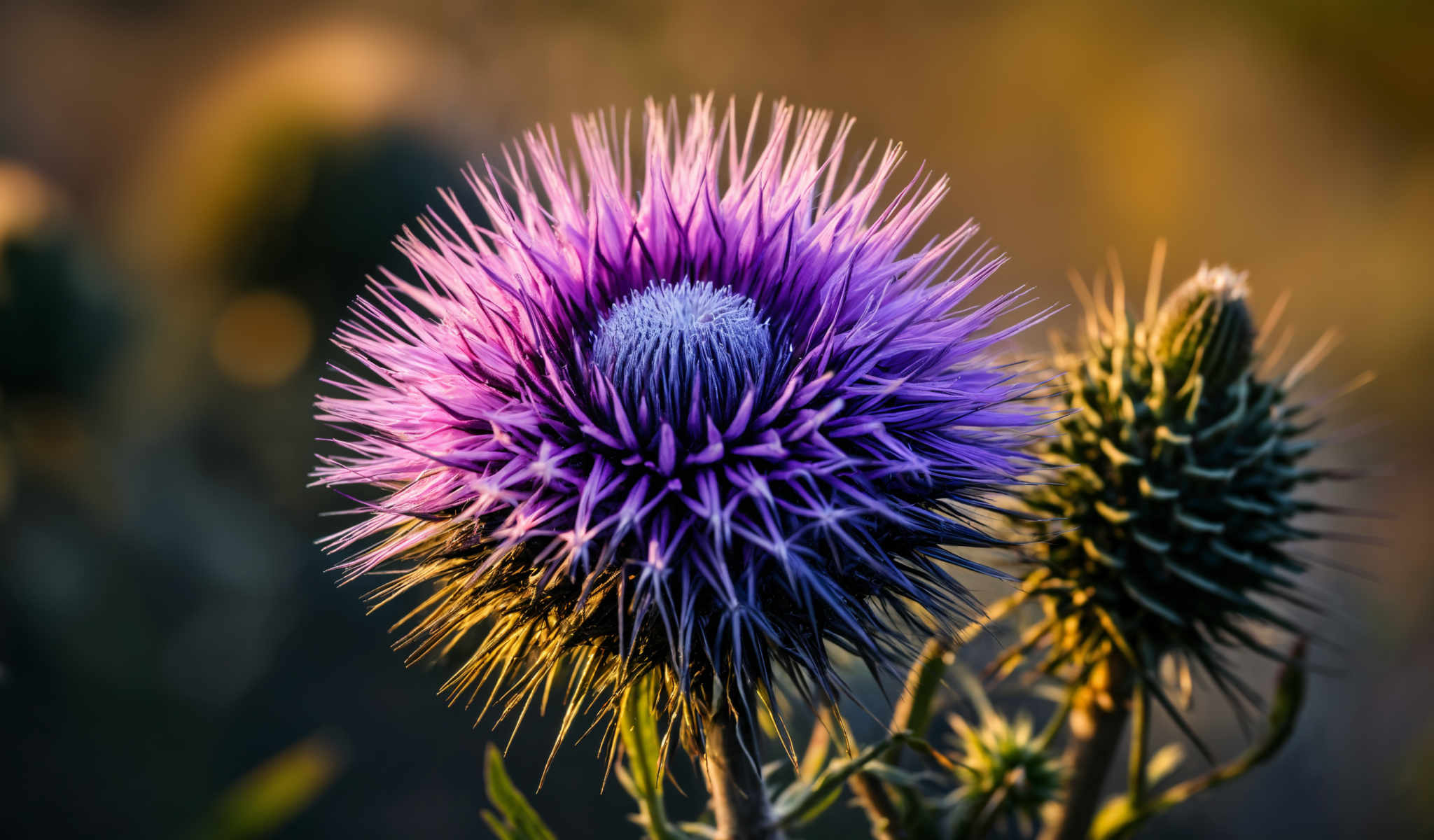 A purple flower with white stamens is the main focus of the photo. The flower is surrounded by green leaves and stems creating a vibrant contrast with its purple hue. The background is blurred drawing attention to the flower and its immediate surroundings. The image captures the beauty of nature in a single stunning frame.