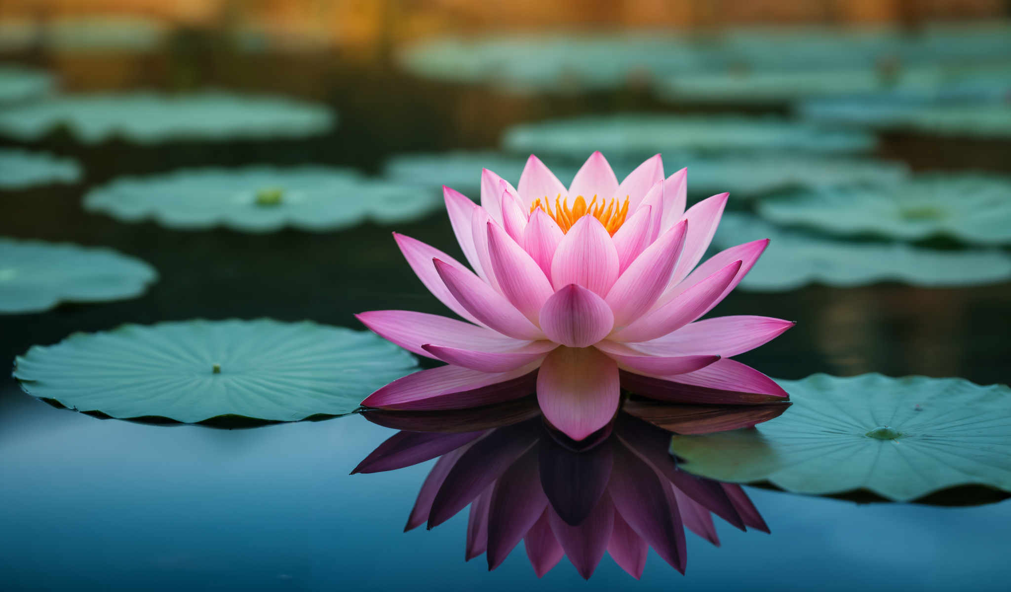 A pink lotus flower with a yellow center is floating on a body of water.