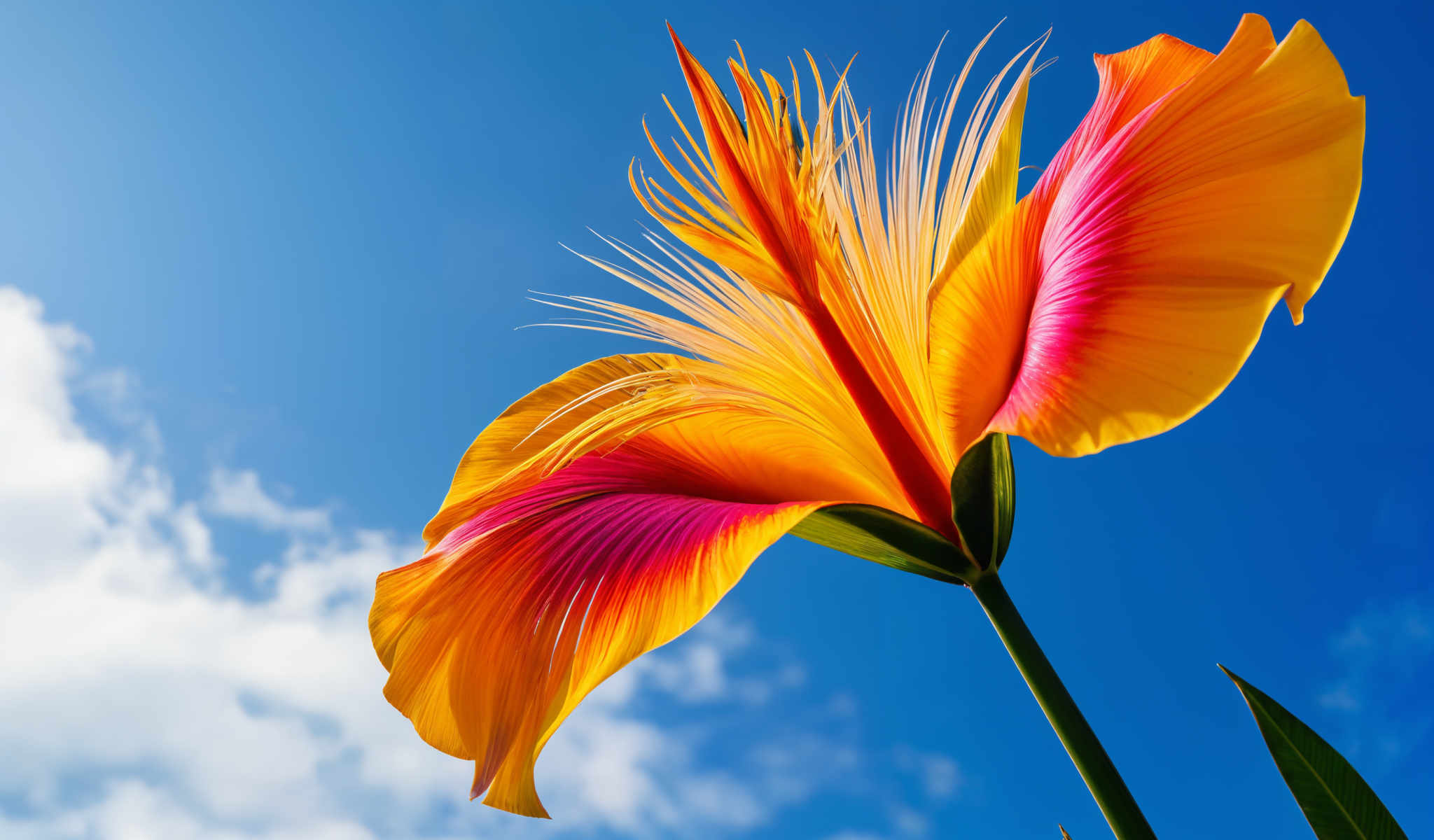 A vibrant yellow flower with pink and orange petals.