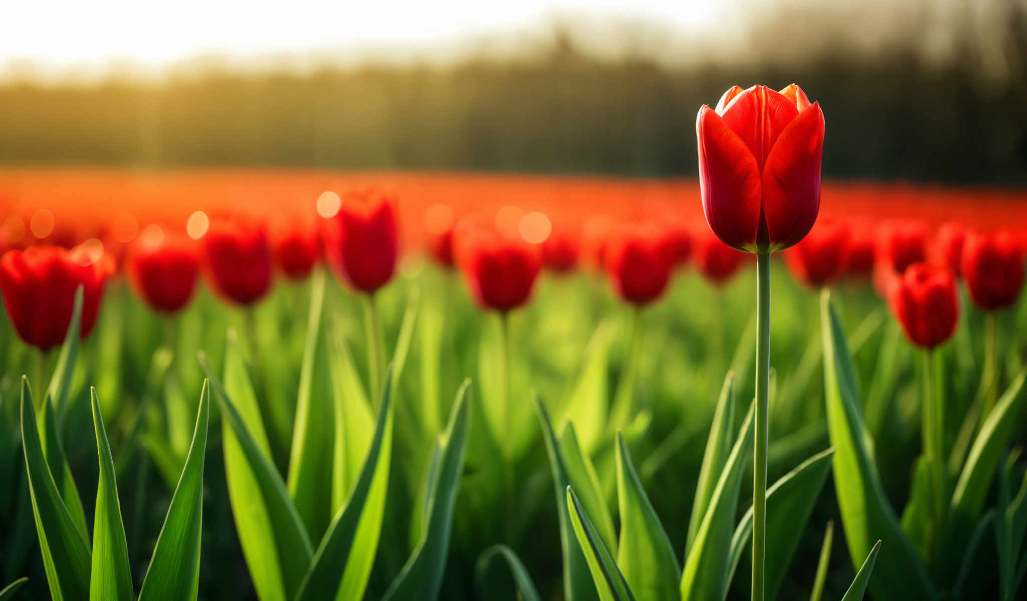 A field of red tulips with green leaves.