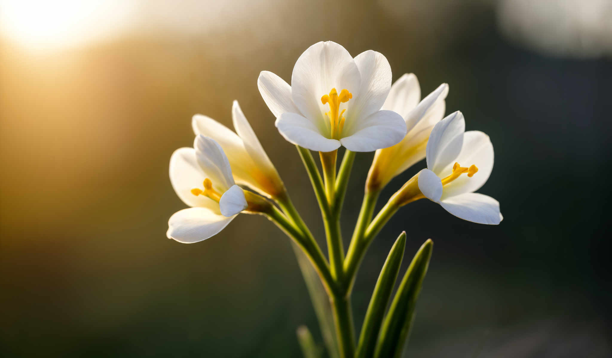 A close up of a white flower with yellow centers.