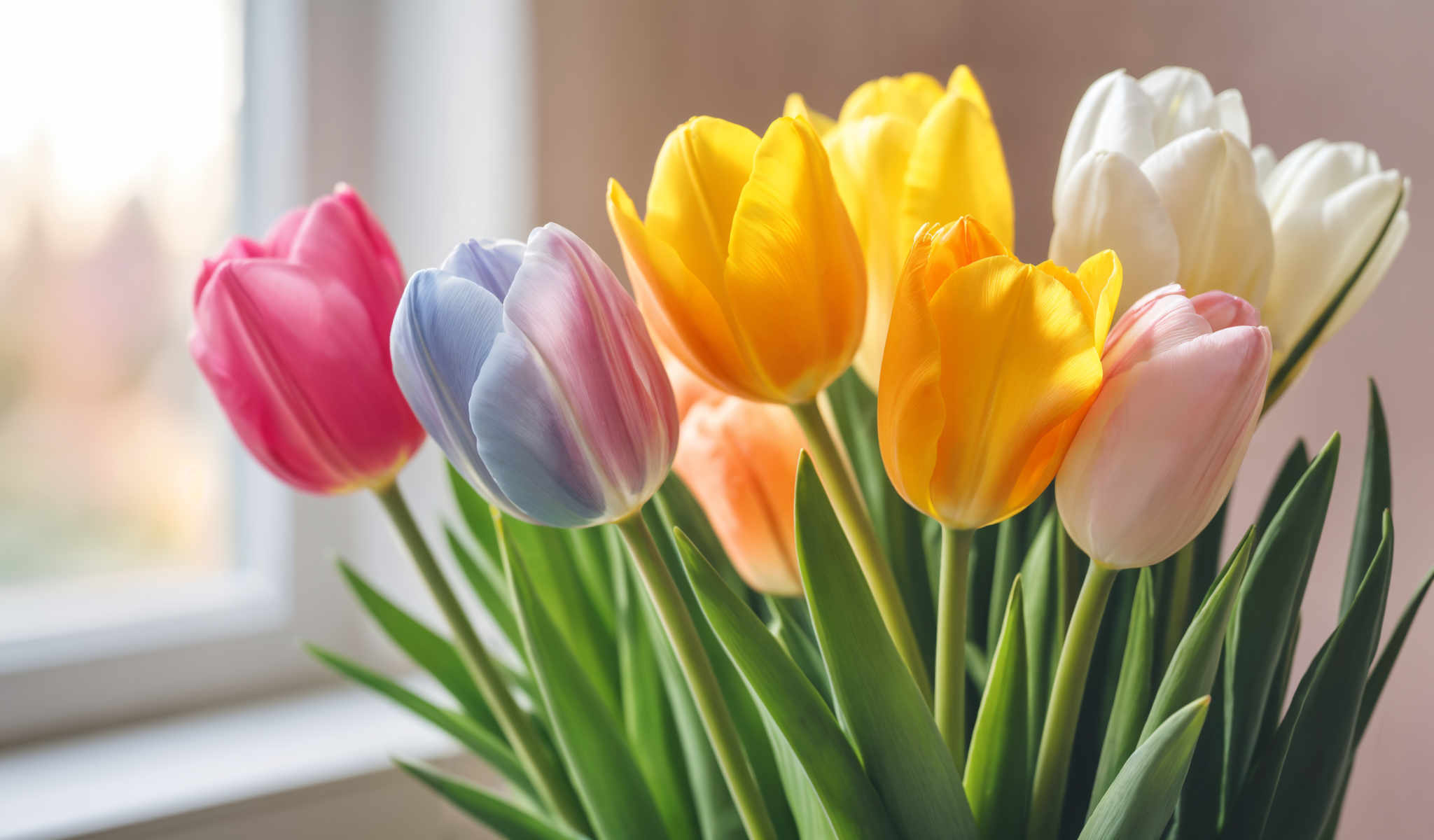 A bouquet of tulips in various colors including pink blue yellow and white.