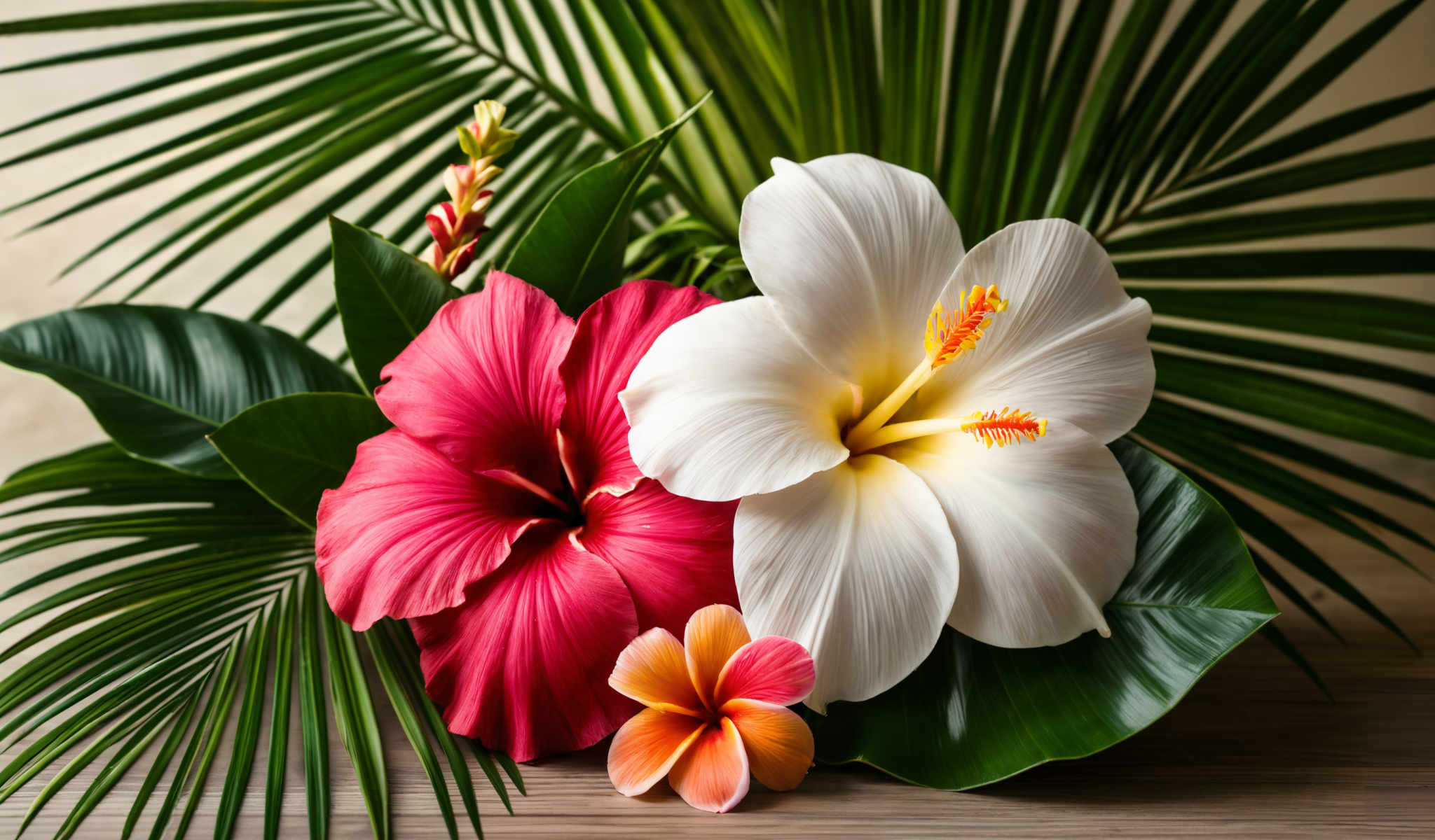 A beautiful arrangement of flowers in various colors including red white and yellow. The flowers are placed on a wooden surface and are surrounded by green leaves. The colors of the flowers and leaves create a vibrant and lively scene. The wooden surface provides a natural and rustic backdrop to the flowers enhancing their beauty. The arrangement is well-balanced and the flowers are evenly distributed creating a pleasing visual effect. The green leaves complement the colors of flowers adding depth and richness to the image.

The image is a wonderful representation of nature's beauty captured in a single frame. The variety of colors and the arrangement of the objects create a sense of harmony and tranquility. The image is not only visually appealing but also evokes a sense or calm and serenity. It's a beautiful snapshot of a moment in time capturing the essence of nature in a simple yet powerful way.