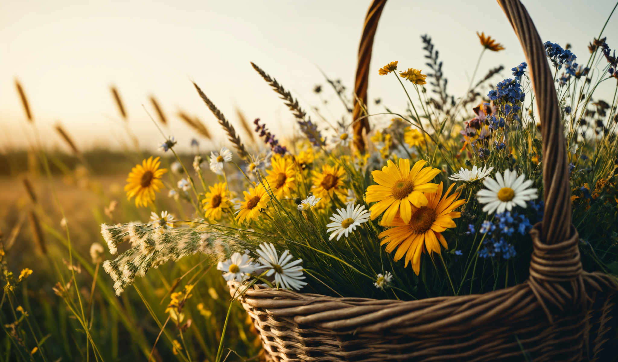 A basket of flowers with yellow purple and white flowers.