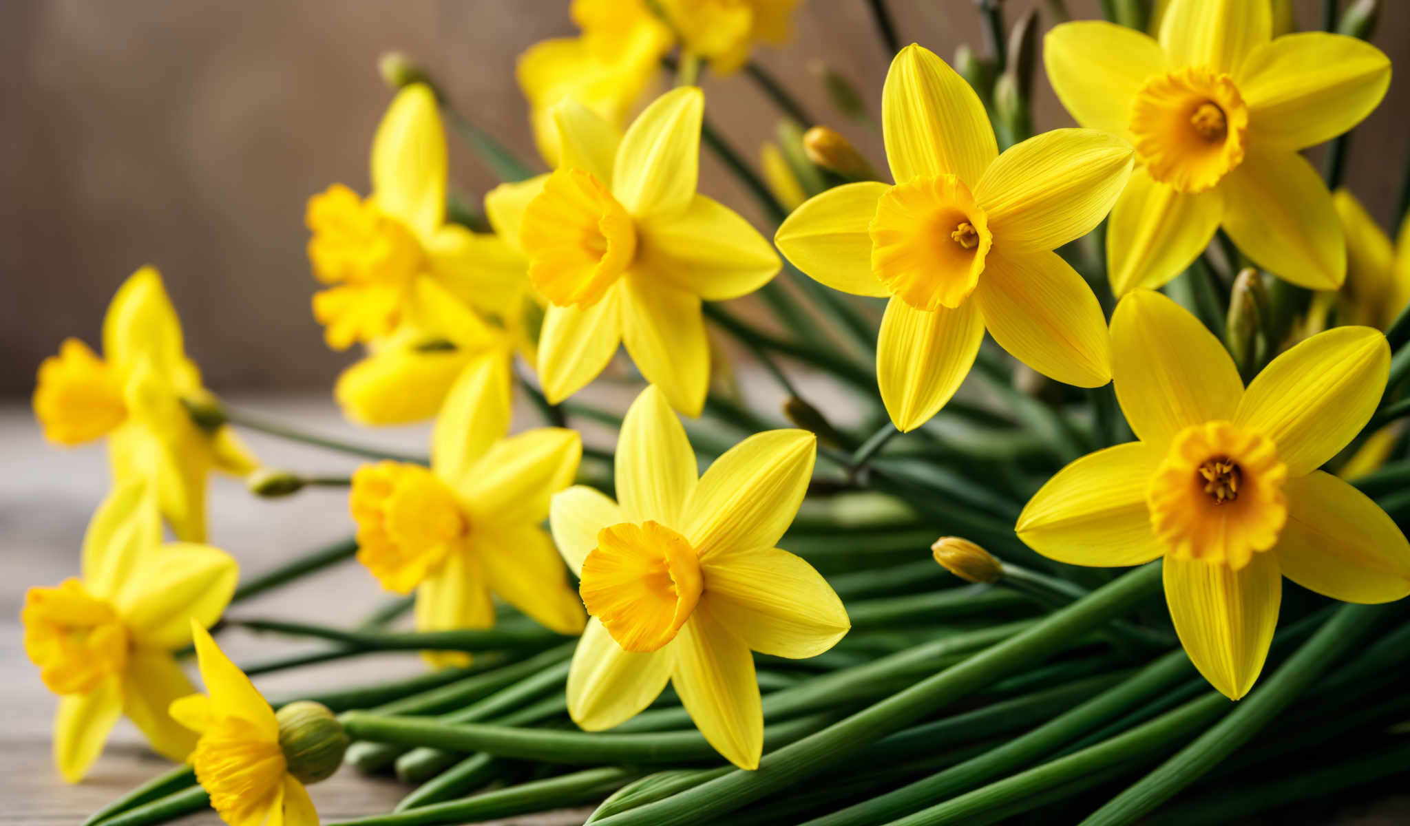 A bouquet of yellow daffodils with green stems.