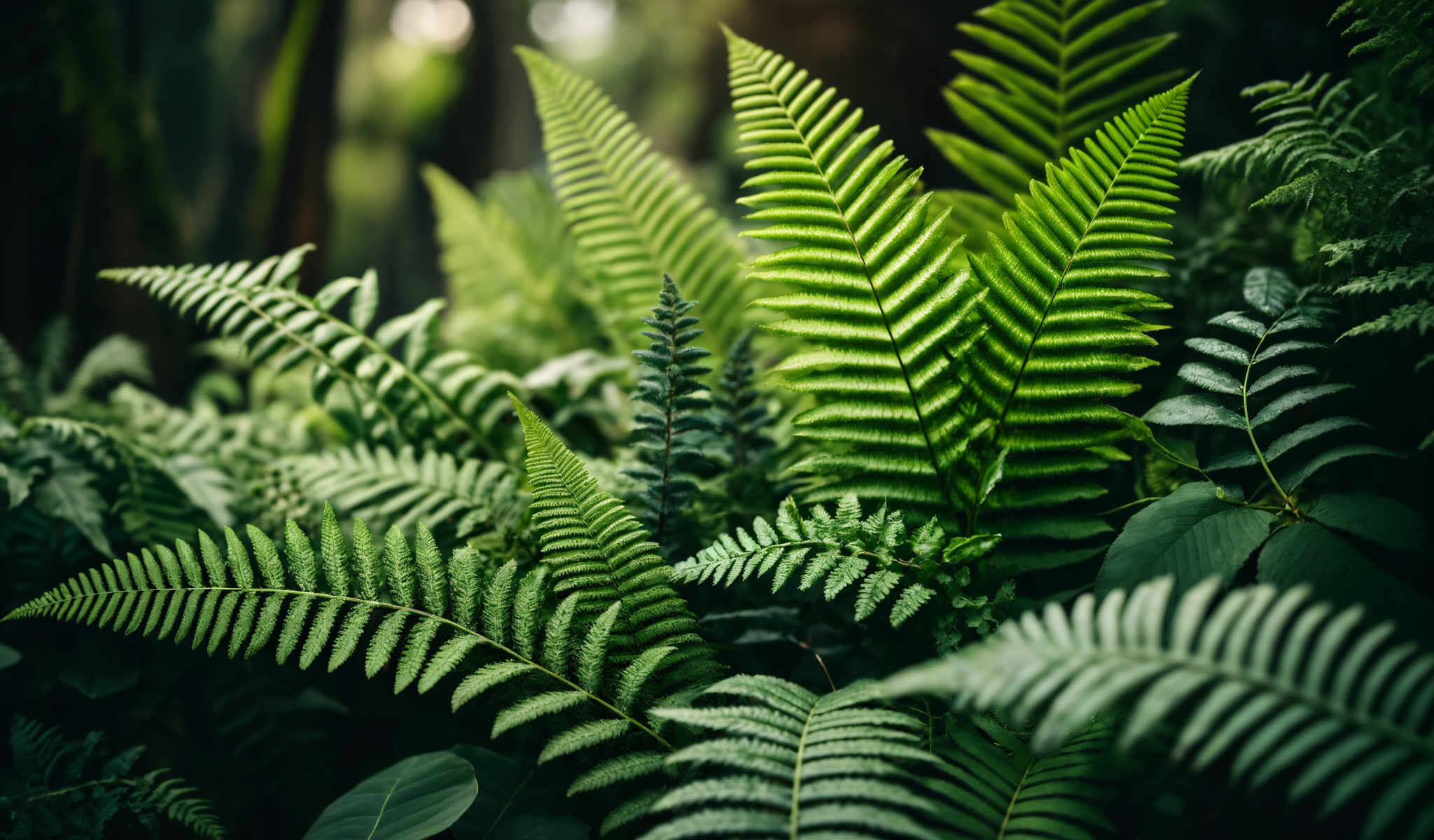 A close up of ferns with green leaves.