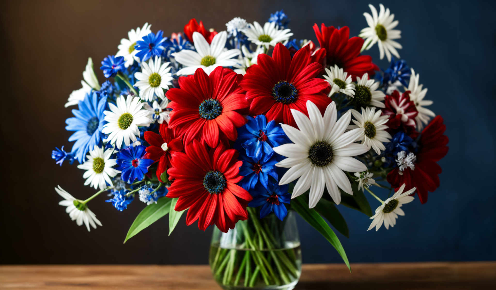 A beautiful bouquet of flowers in a glass vase. The bouquet is a mix of red blue and white flowers. The red flowers are the largest and are in the center of the bouquet. The blue flowers are on the left side of the vase and the white flowers are scattered throughout the bouquet adding a nice contrast to the red and blue flowers.